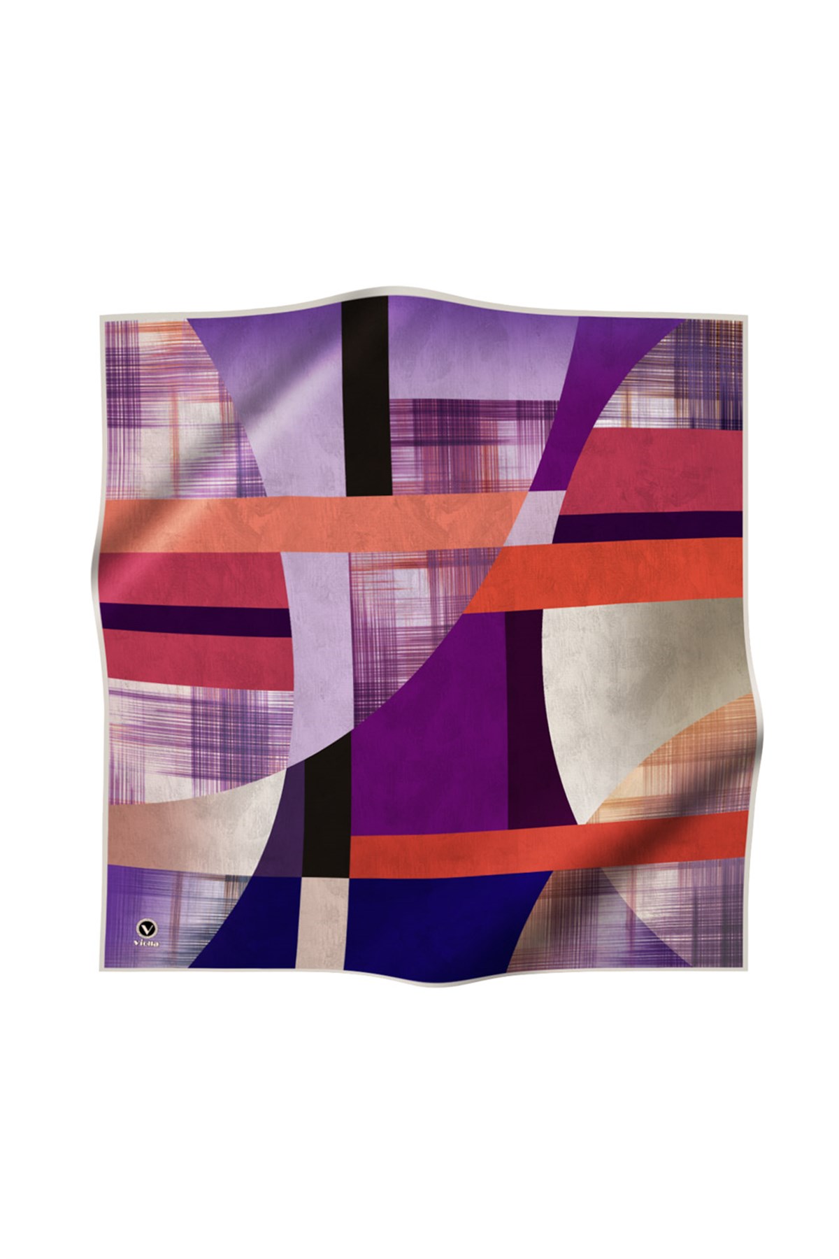 Twill Geometrik Desenli Mor Renkli 90x90 Eşarp (İpek İçermez) Kenar Dikiş Şekli El Dikişli