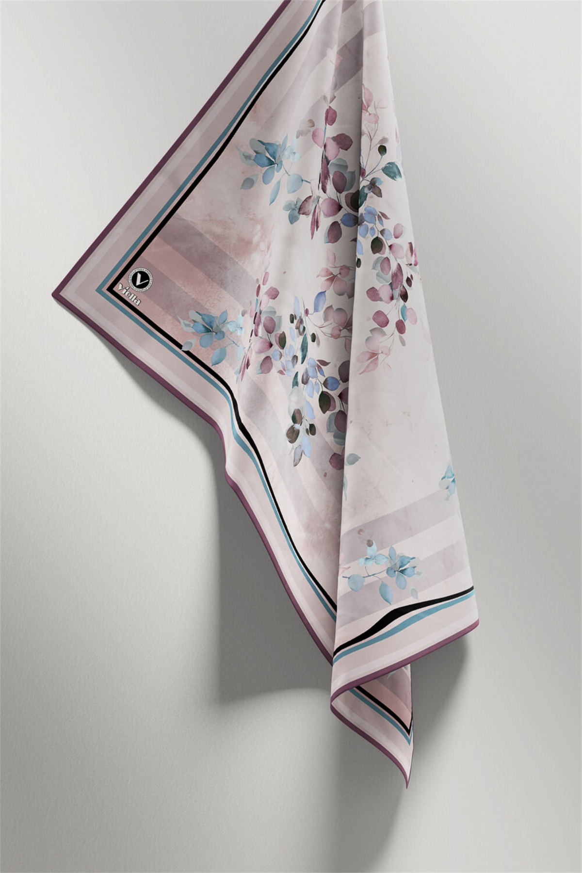 Twill Çiçek Desenli Mor Renkli 90x90 Eşarp (İpek İçermez) Kenar Dikiş Şekli El Dikişli