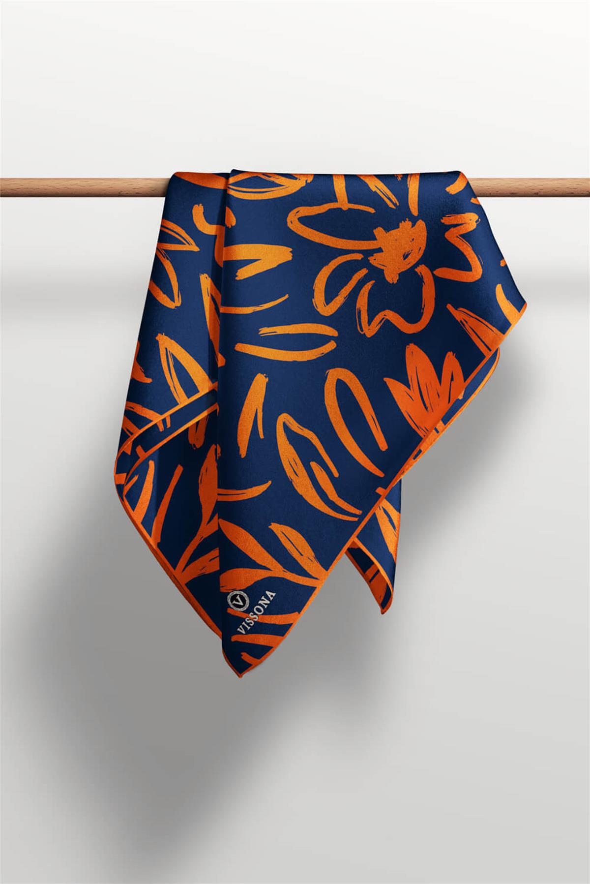 %100 Twill İpek Büyük Çiçek Desenli Lacivert - Turuncu Renkli 90x90 Eşarp Dikim Şekli : El Dikişi