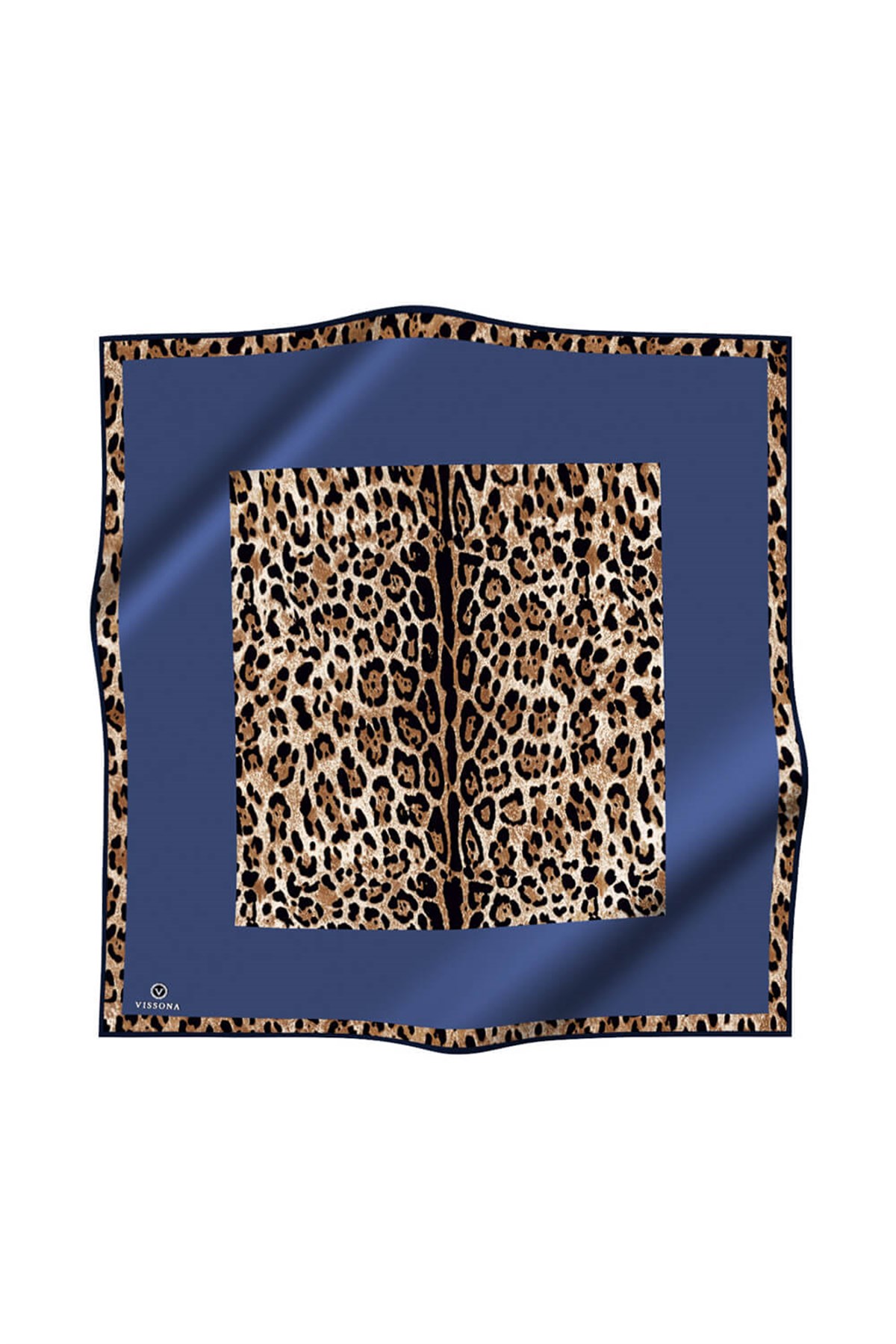 %100 Twill İpek Leopar Desenli İndigo Renkli 90x90 Eşarp Dikim Şekli : El Dikişi