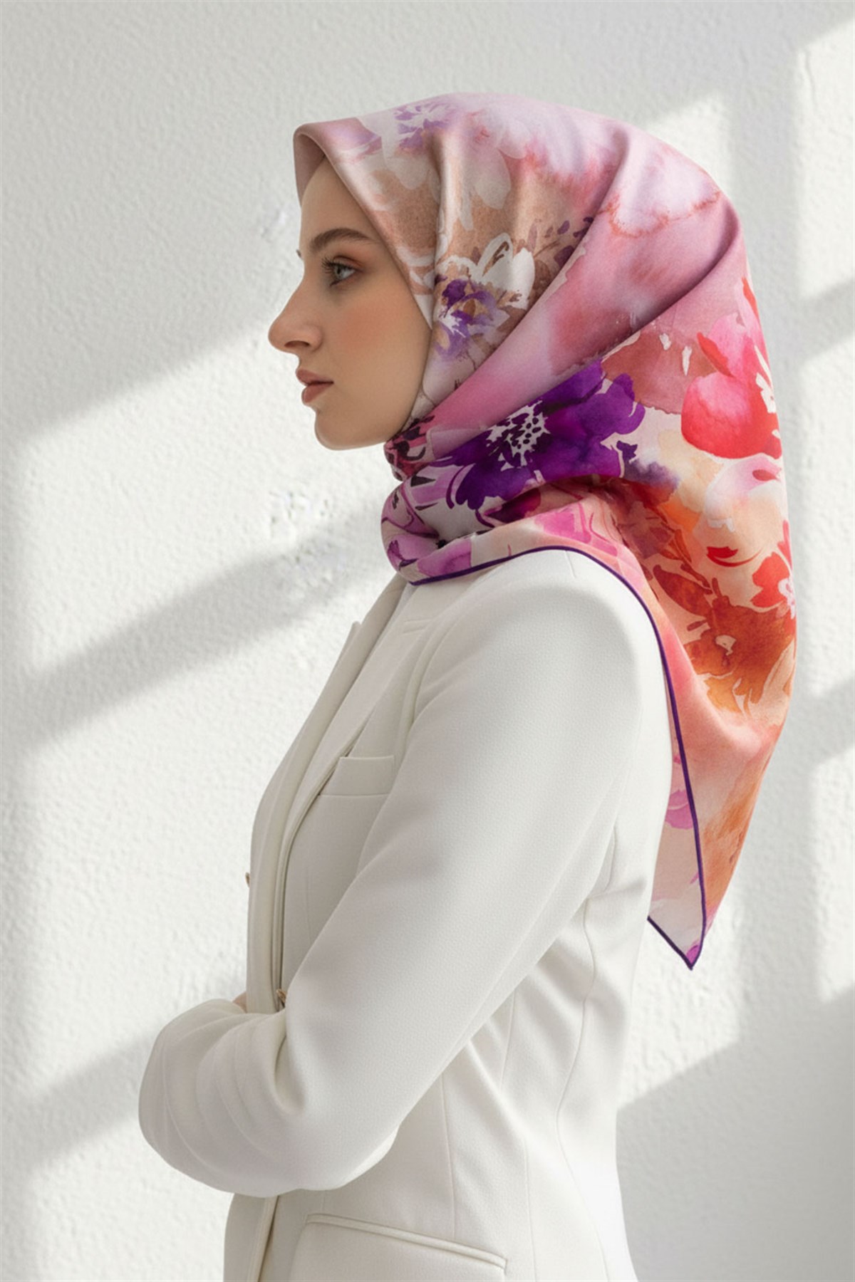 %100 Twill İpek Çiçek  Desenli Mor Renkli 90x90 Eşarp Dikim Şekli : El Dikişi
