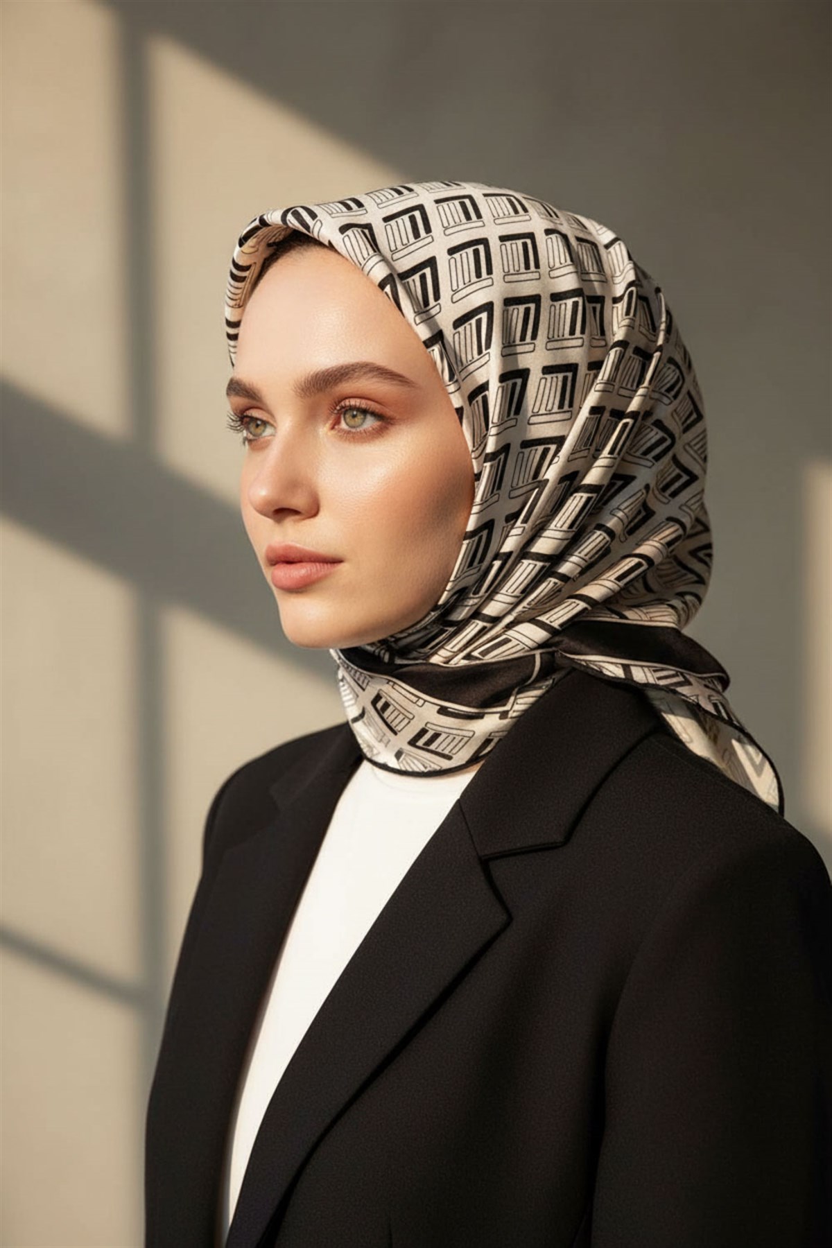 %100 Twill İpek Geometrik Desenli Krem - Siyah Renkli 90x90 Eşarp Dikim Şekli : El Dikişi