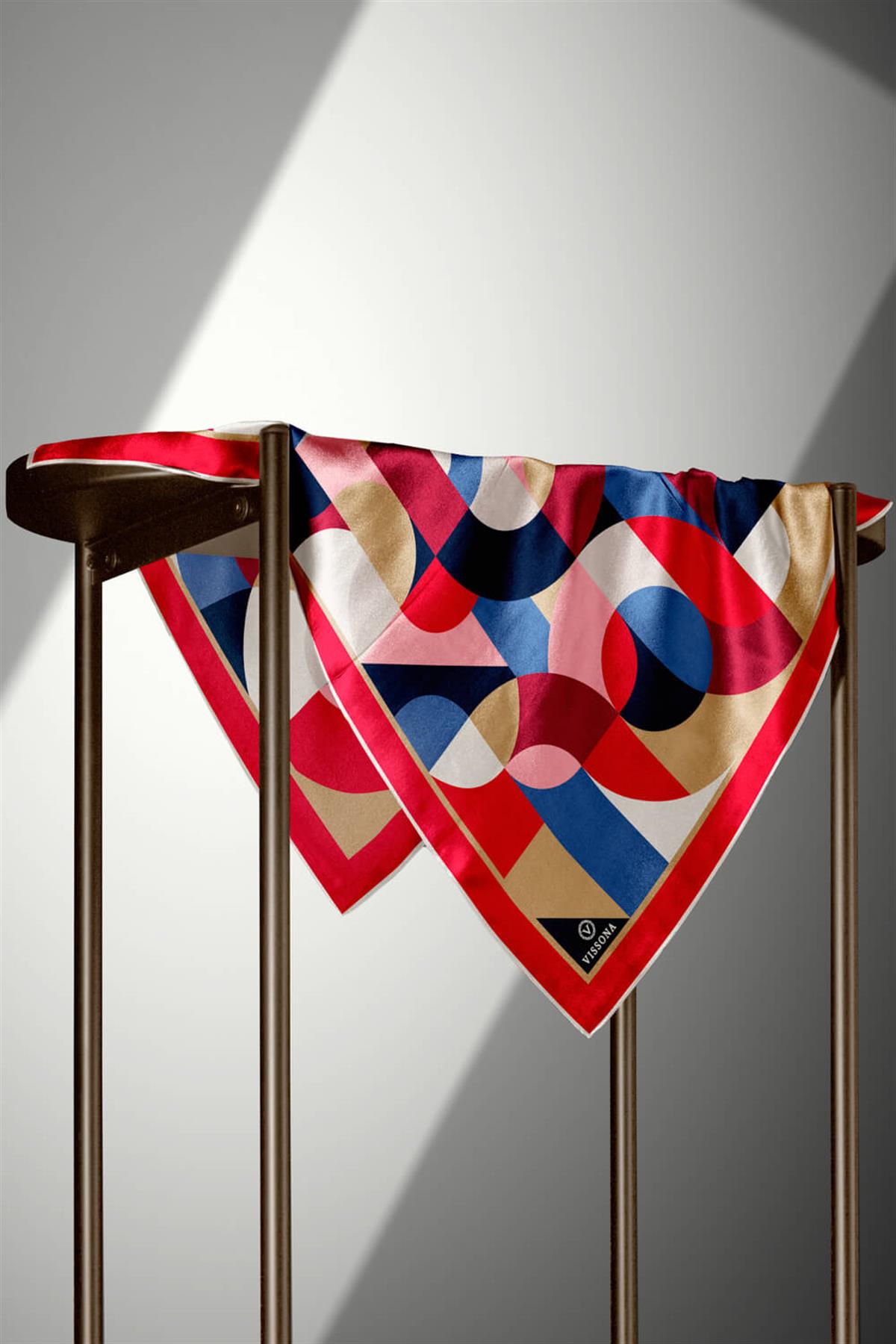 %100 Twill Renk Bloklu Çizgili Desenli Kırmızı - Lacivert Renkli 90x90 Eşarp Dikim Şekli: El Dikişii