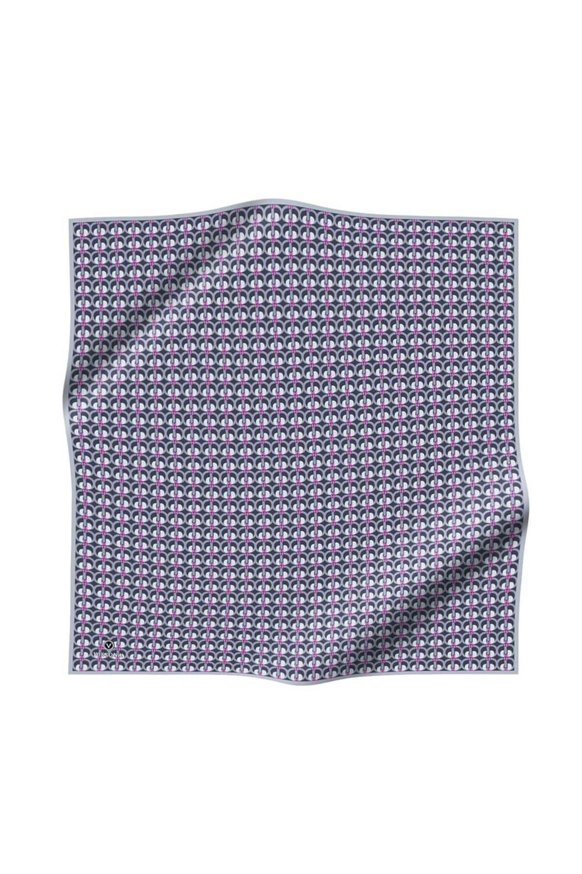 %100 Twill İpek Geometrik Desenli Gri - Fuşya Renkli 90x90 Eşarp Dikim Şekli : El Dikişi