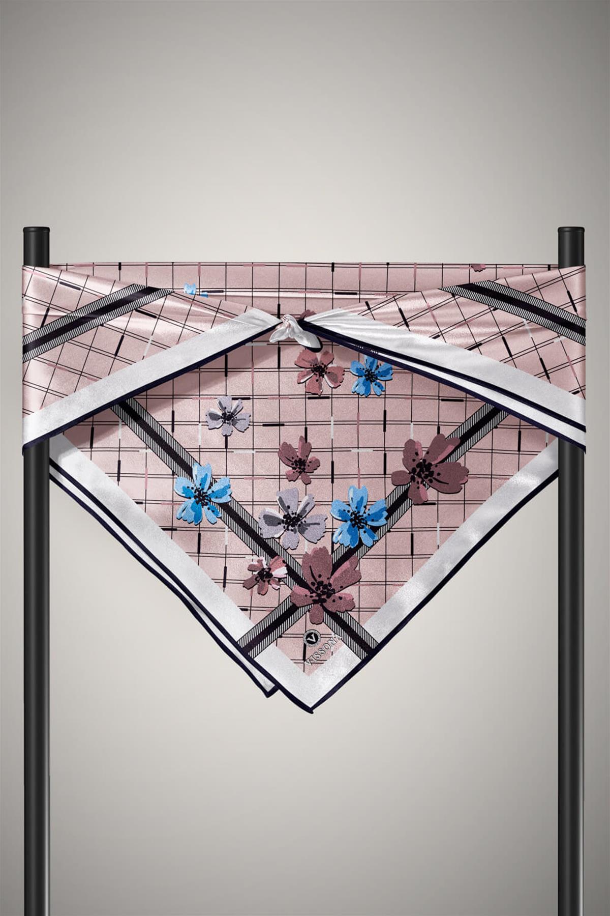 %100 Twill İpek Çıtır Çiçek Desenli Pudra - Bebe Mavisi Renkli 90x90 Eşarp Dikim Şekli : El Dikişi