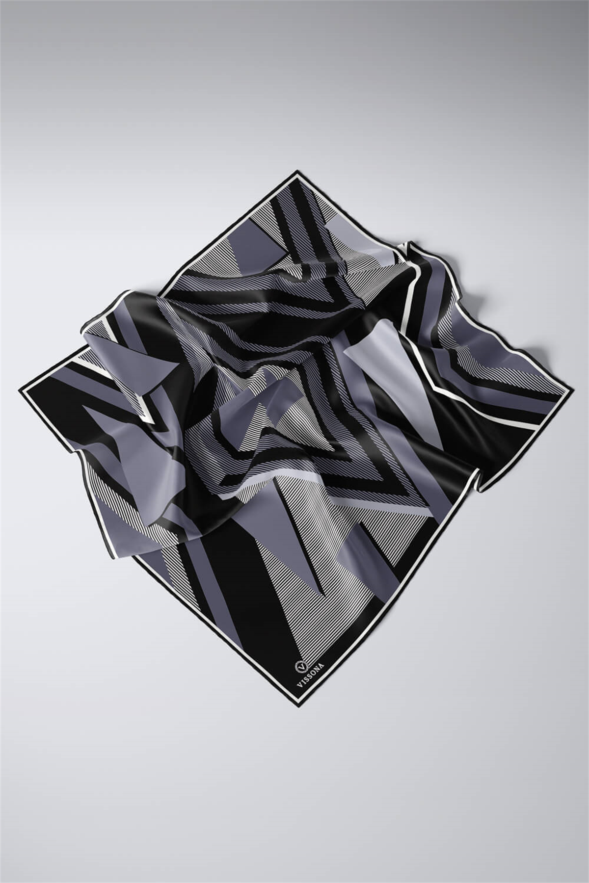 % 57 İPEK % 43 VİSKON Twill İpek Geometrik Desenli Gri - Siyah Renkli 90x90 Eşarp Dikim Şekli : El Dikişi