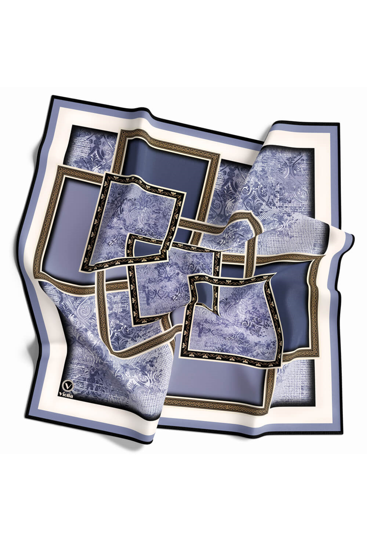 Twill Geometrik Desenli İndigo Renkli 90x90 Eşarp (İpek İçermez) Kenar Dikiş Şekli El Dikişli