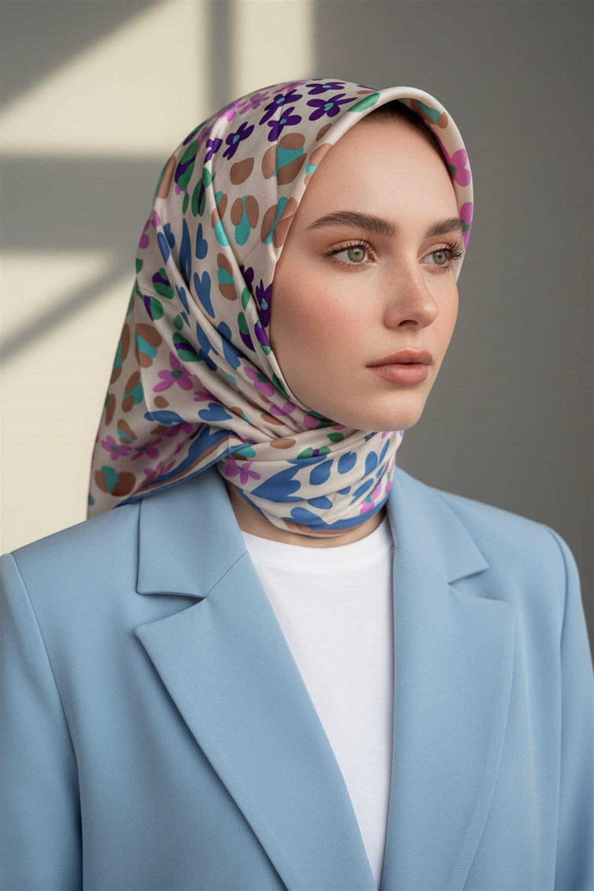 %100 Twill İpek Kalpli Leopar Desenli İndigo - Pembe Renkli 90x90 Eşarp Dikim Şekli : El Dikişi
