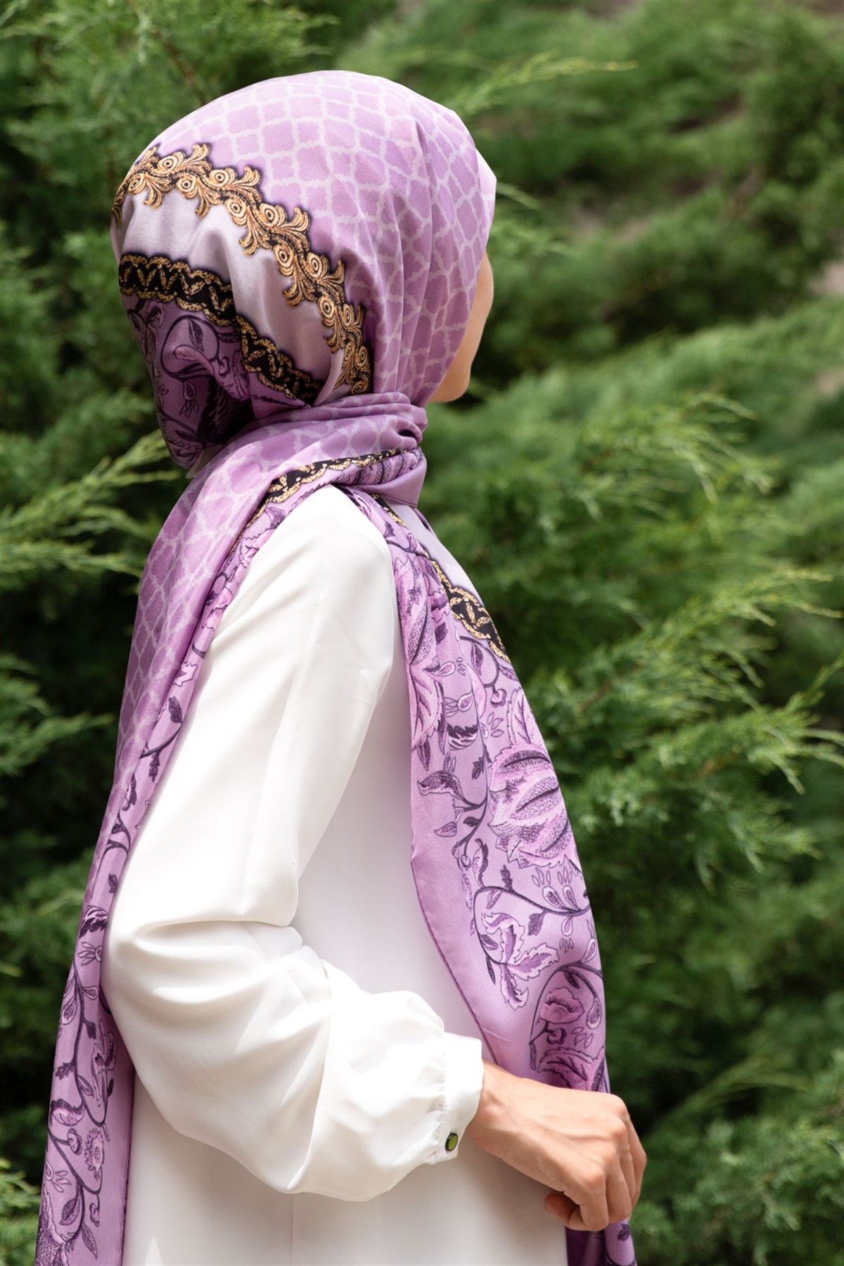 %100 İpek Yaprak Desenli Lila - Gold Renkli 92x210 Şal