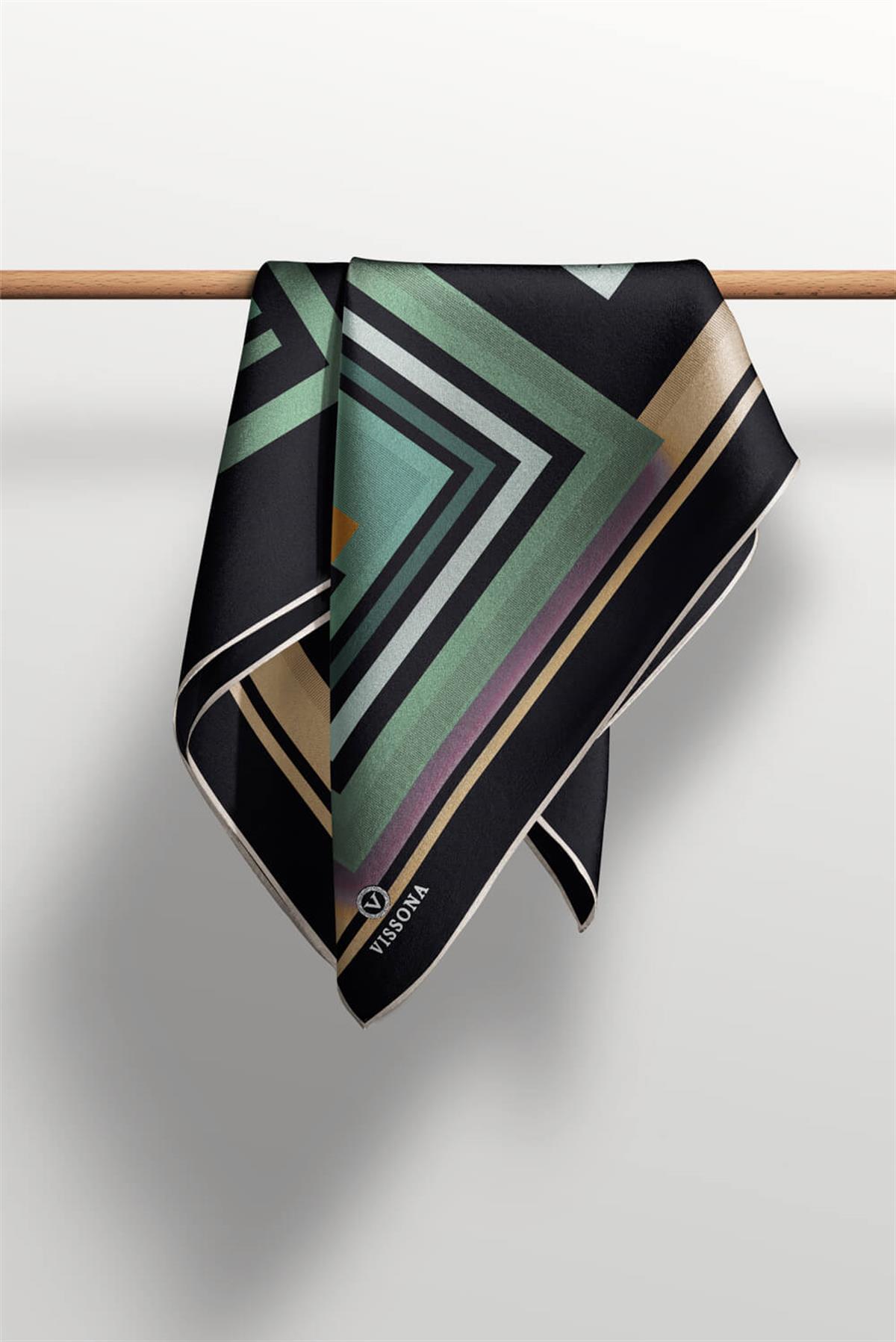 %100 Twill İpek Kare Desenli Siyah - Mint Yeşili Renkli 90x90 Eşarp Kenar Dikiş Şekli El Dikişli