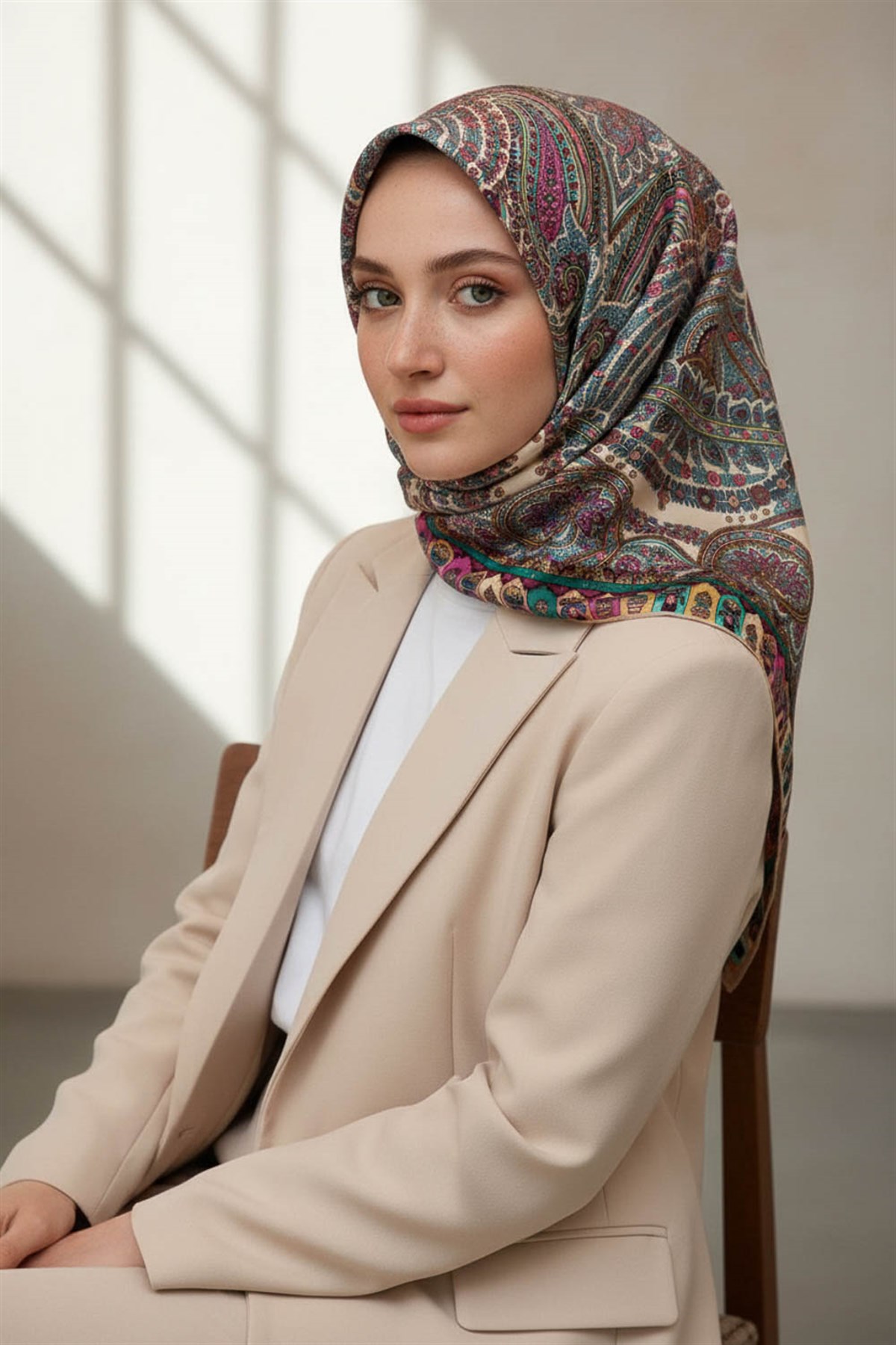 %100 Twill İpek Etro Desenli Vizon - İndigo Renkli 90x90 Eşarp Dikim Şekli : El Dikişi