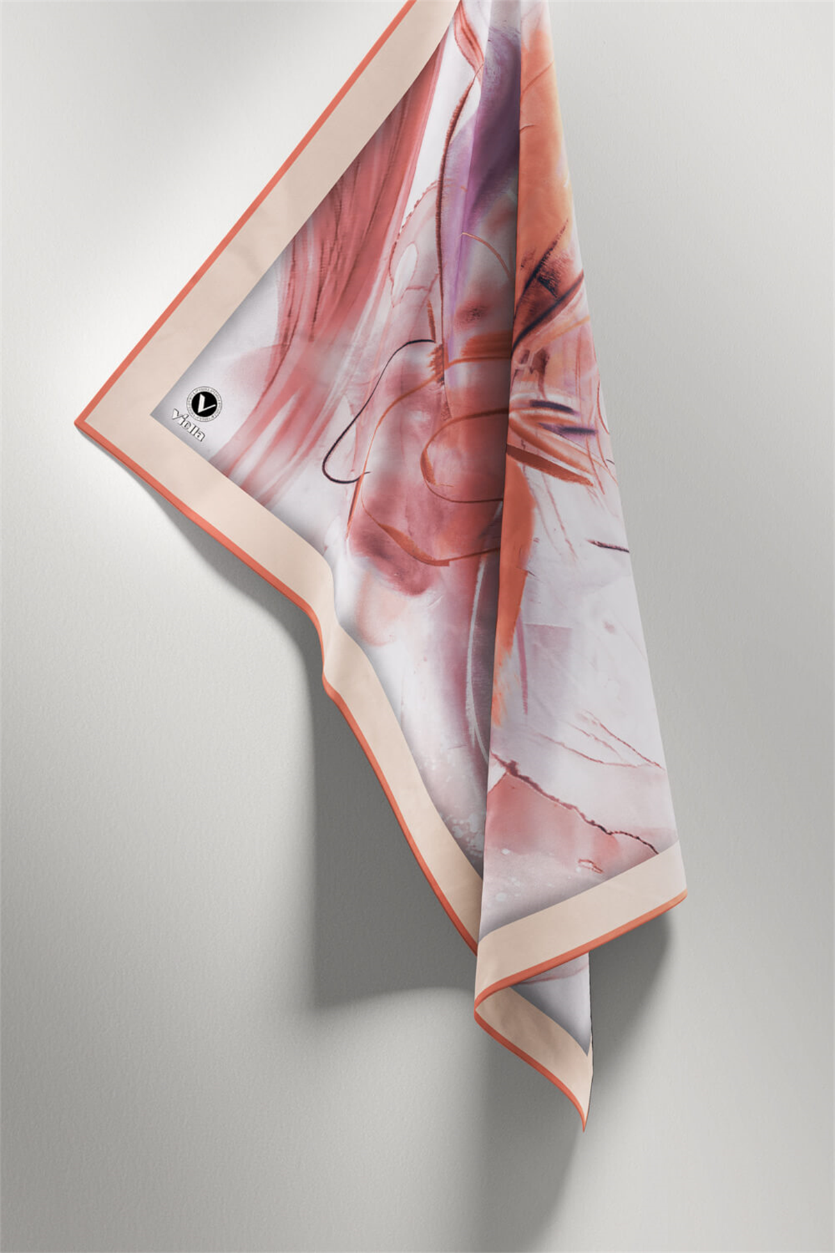 Twill Çiçek Tablo Desenli Somon Renkli 90x90 Eşarp (İpek İçermez) Kenar Dikiş Şekli El Dikişli