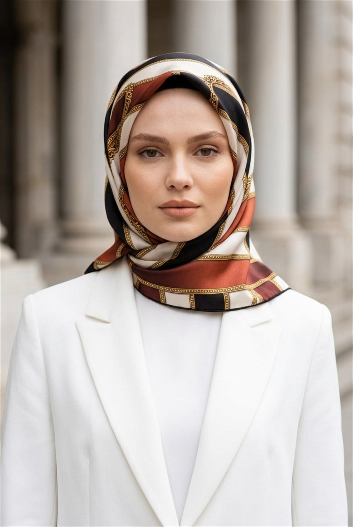 %100 Twill İpek Kemer Desenli Siyah - Taba Renkli 90x90 Eşarp Dikim Şekli : El Dikişi