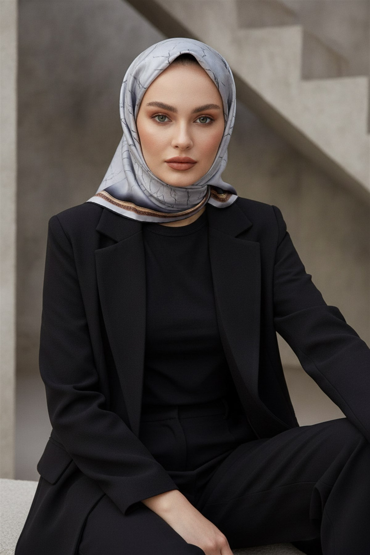 %100 Twill İpek Mermer Desenli Gümüş Renkli 90x90 Eşarp Dikim Şekli : El Dikişi