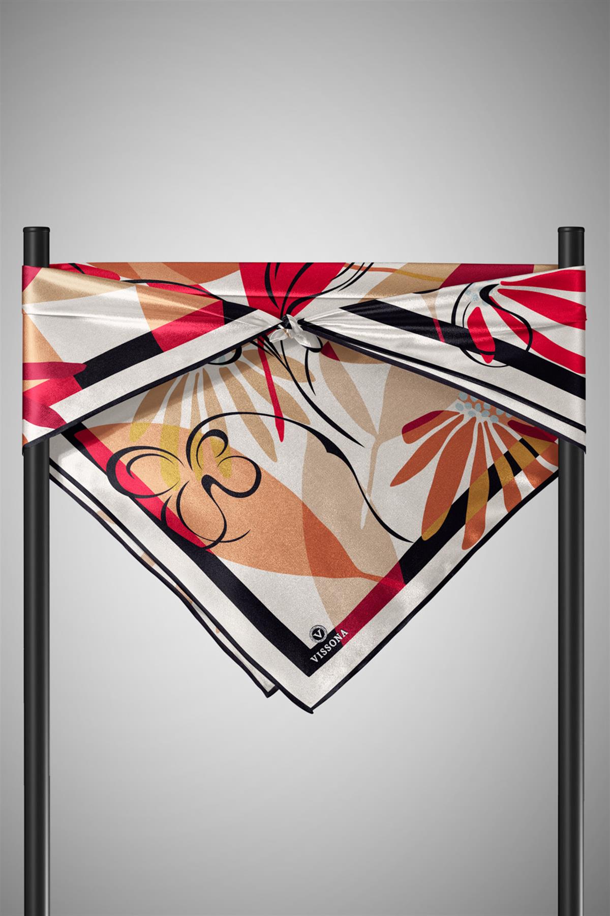 %100 Twill İpek Çiçek Desenli Bordo - Bej Renkli 90x90 Eşarp Dikim Şekli : El Dikişi