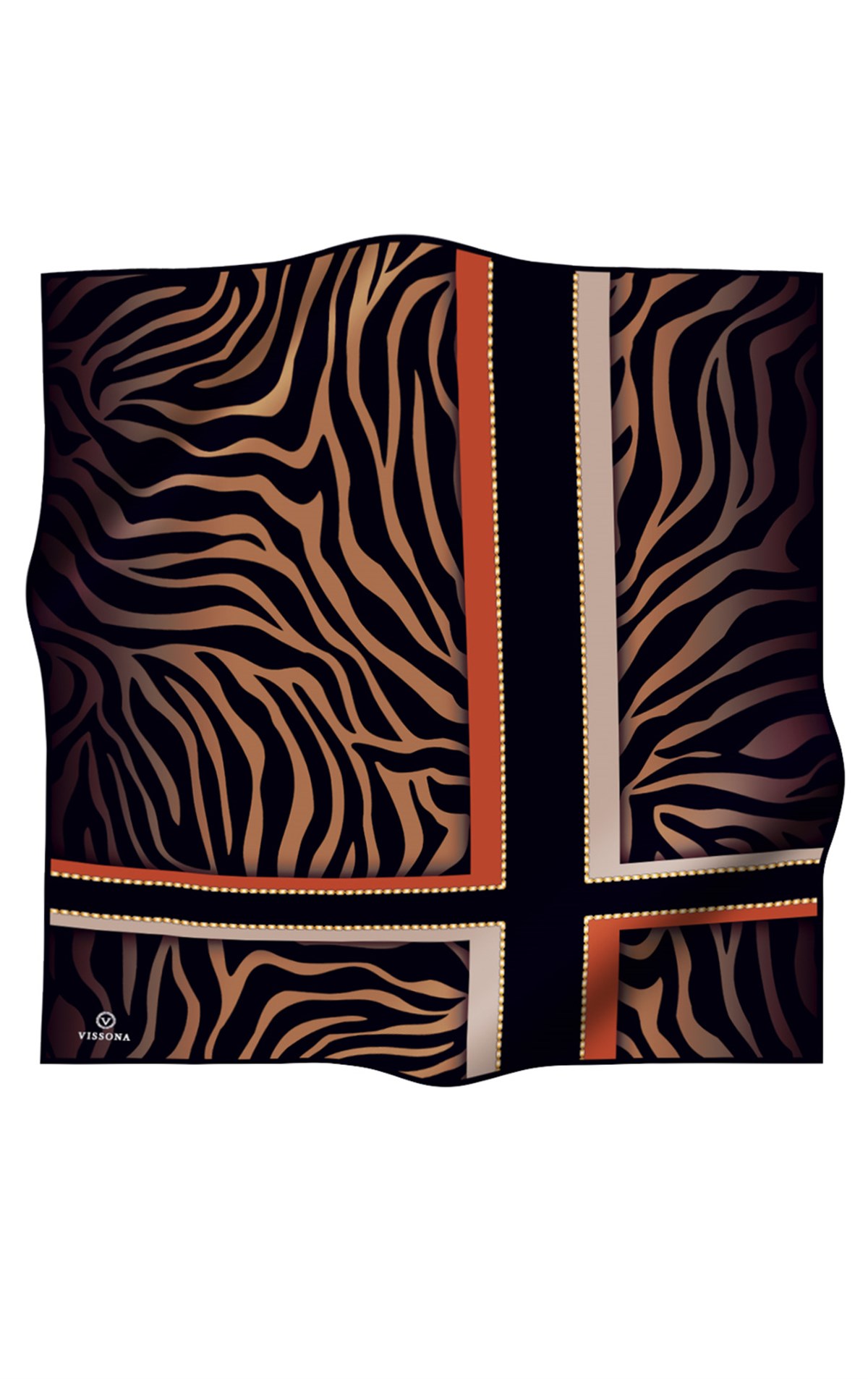 %100 Twill İpek Zebra Desenli Gold - Siyah Renkli 90x90 Eşarp Dikim Şekli : El Dikişi