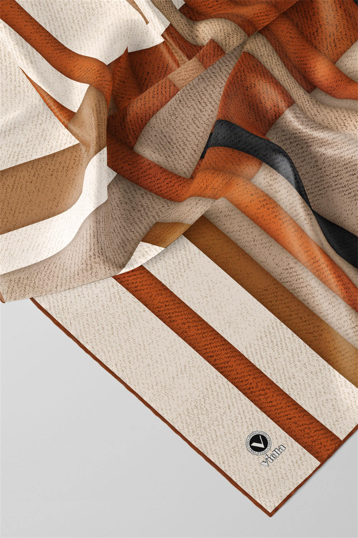 Twill Renkli Şerit Desenli Taba Renkli 90x90 Eşarp (İpek İçermez) Kenar Dikiş Şekli El Dikişli