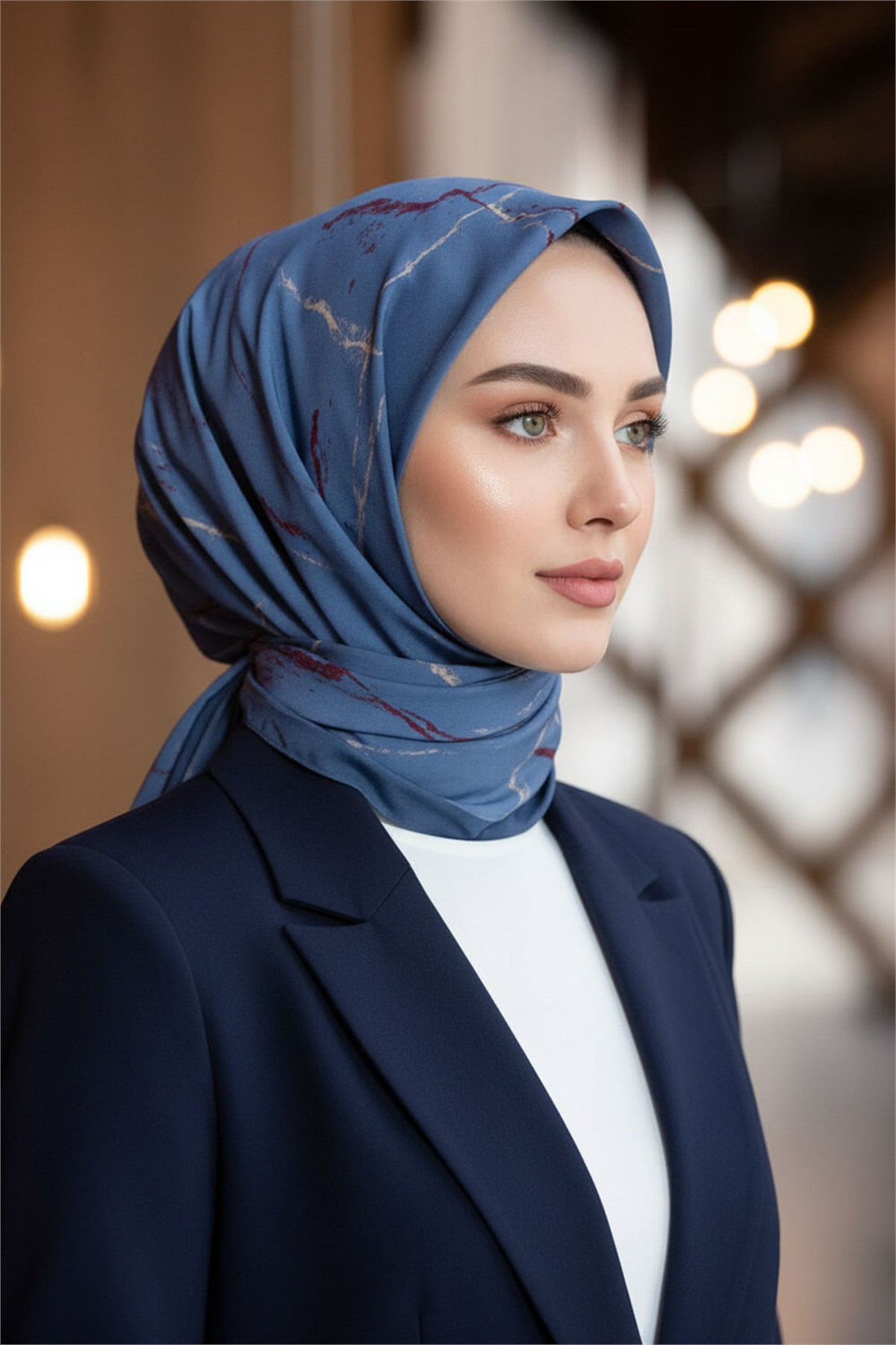 KREP MERMER DESENLİ İNDİGO RENKLİ 75X195 KIRIŞMAZ ŞAL