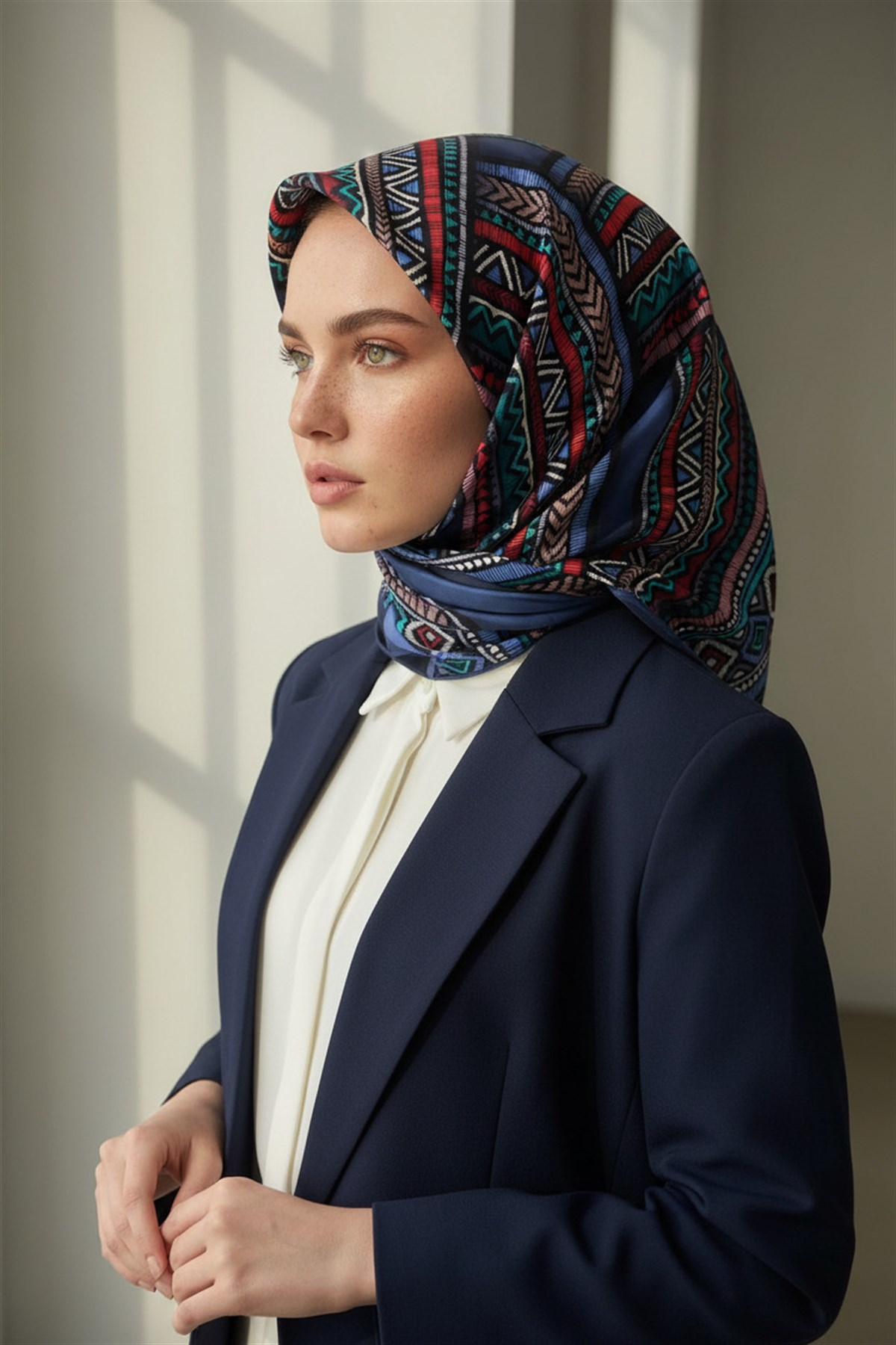 %100 Twill İpek Etnik Desenli İndigo - Bordo Renkli 90x90 Eşarp Dikim Şekli : El Dikişi