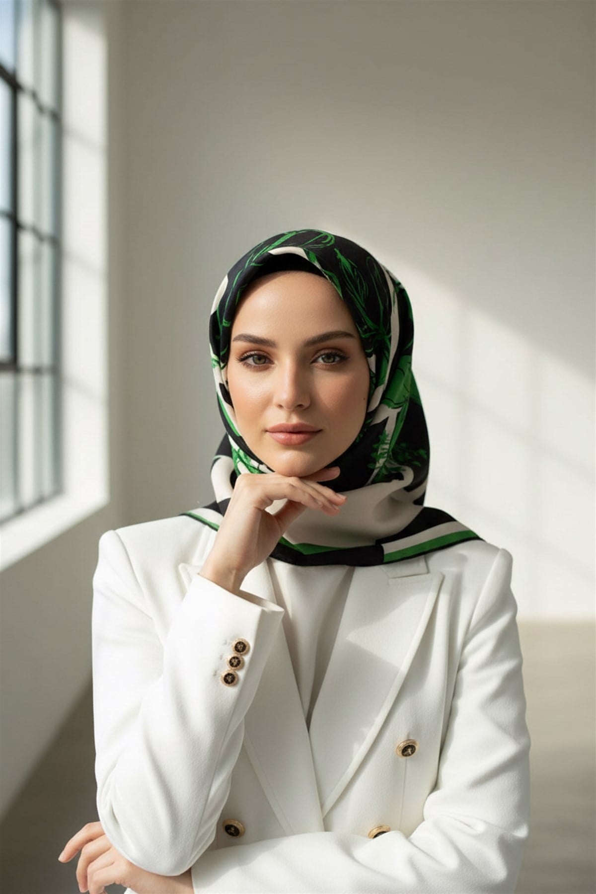 %100 Twill İpek Çiçekli ve Geometrik Desenli Benetton Yeşili - Siyah Renkli 90x90 Eşarp Dikim Şekli : El Dikişi