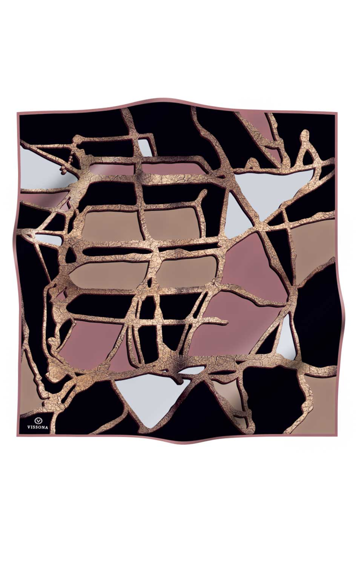 % 57 İPEK % 43 VİSKON Twill İpek Gold Efektli Geometrik Desenli Pudra - Gri Renkli 90x90 Eşarp Dikim Şekli : El Dikişi