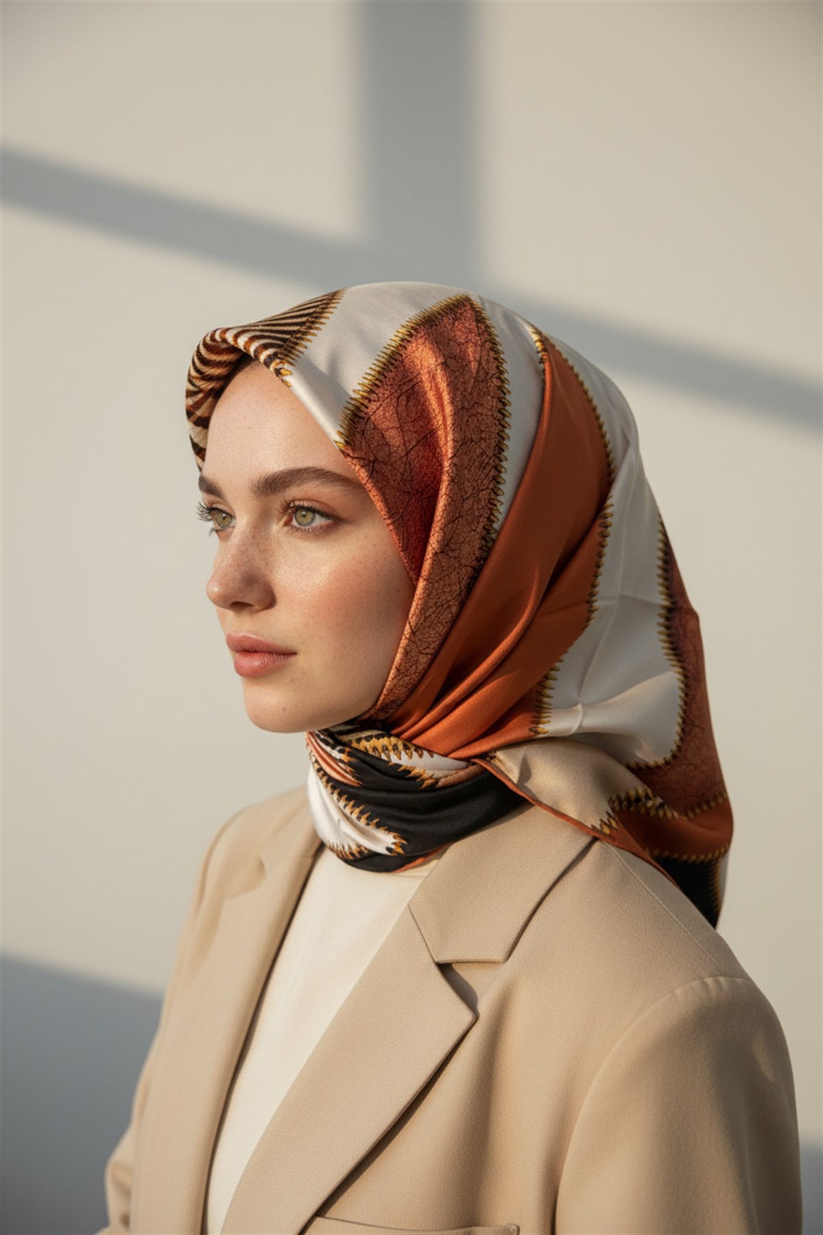 % 57 İPEK % 43 VİSKON Twill İpek Geometrik Desenli Taba - Siyah Renkli 90x90 Eşarp Dikim Şekli : El Dikişi