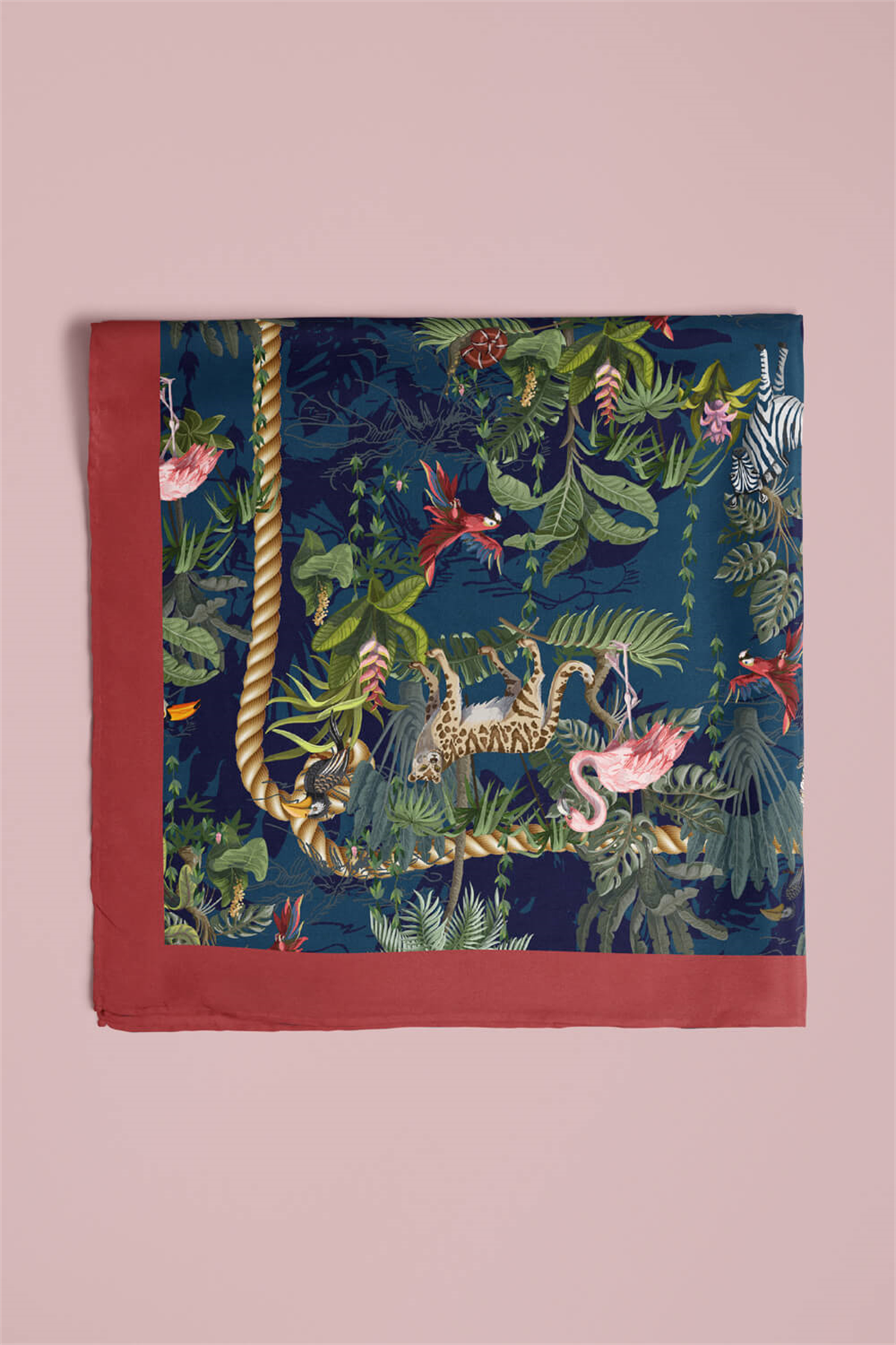 Kadın Lacivert Yeşil Flamingo Desenli 50x50 Bandana HYL DG01131-22