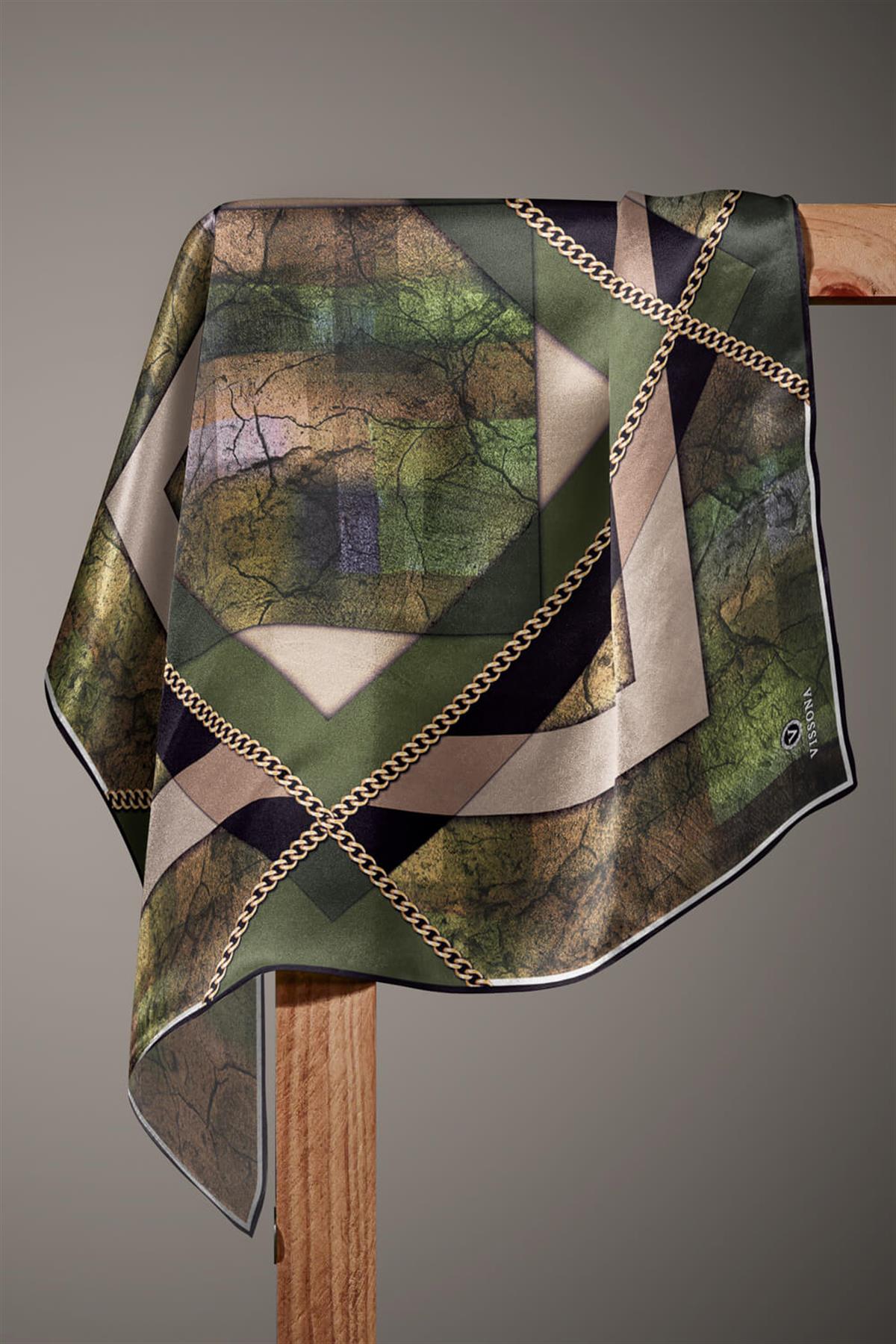 %100 Twill İpek Taş Efekti Desenli Haki - Siyah Renkli 90x90 Eşarp Dikim Şekli : El Dikişi