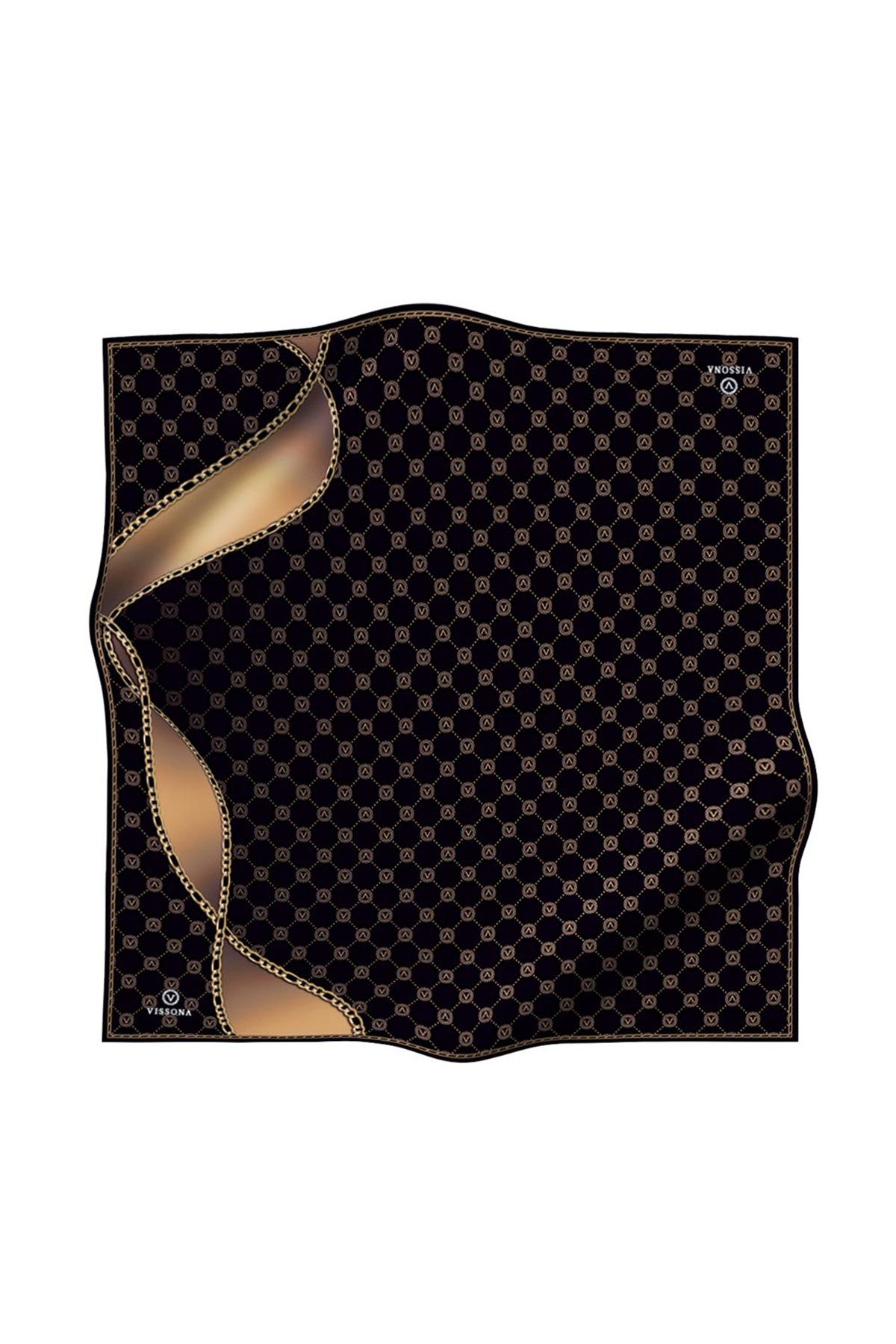 %100 Twill İpek Zincirli Ve Monogram Desenli Siyah - Gold Renkli 90x90 Eşarp Dikim Şekli : El Dikişi