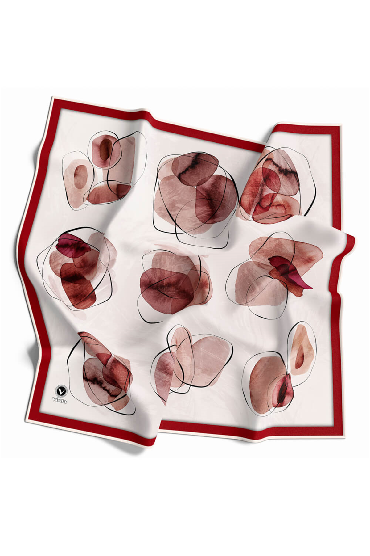 Twill Sulu Boya Geometrik Desenli Bordo Renkli 90x90 Eşarp (İpek İçermez) Kenar Dikiş Şekli El Dikişli