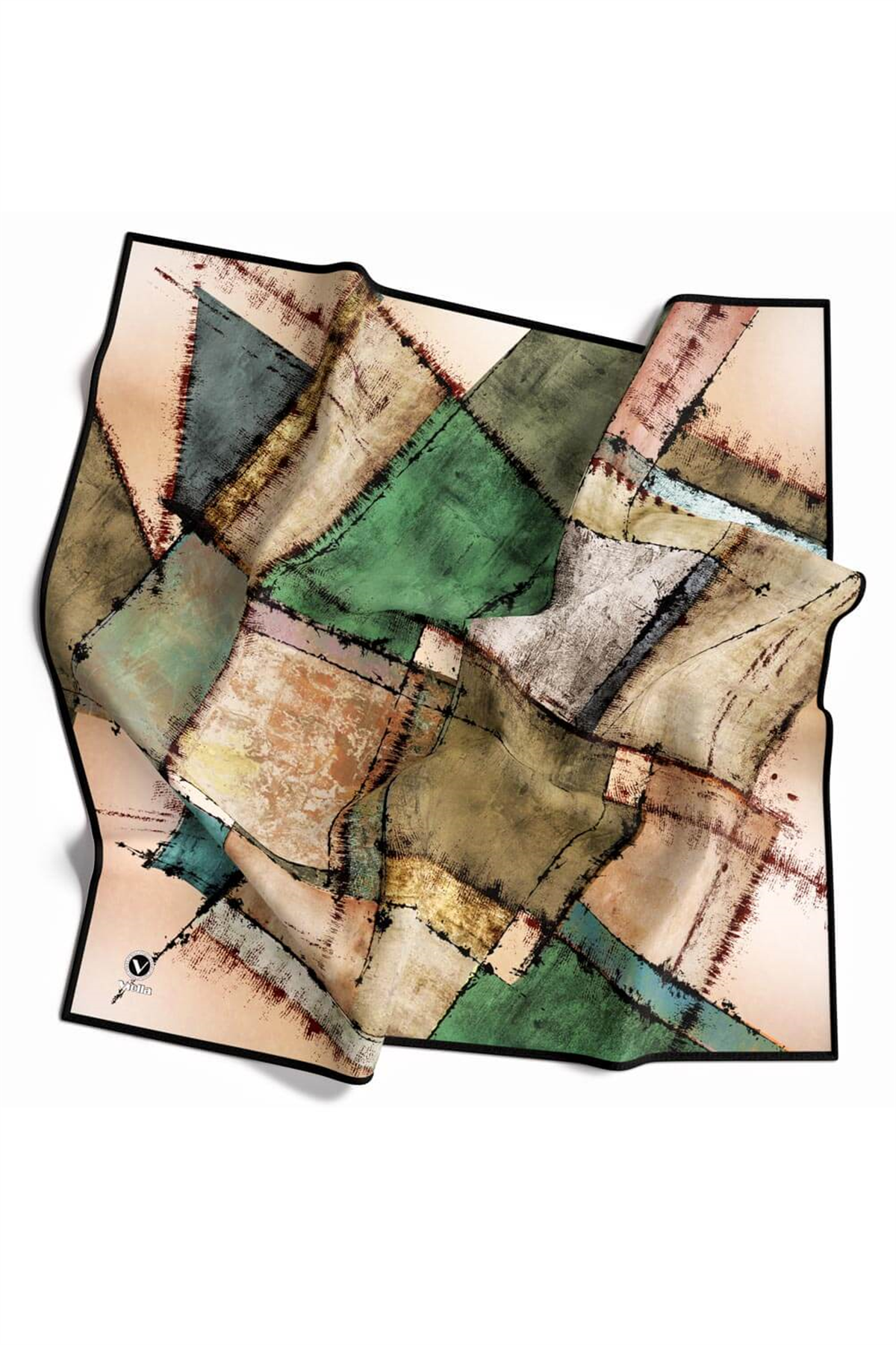Twil Yamalı Ve Geometrik Desenli Zümrüt Yeşili Renkli 90x90 Eşarp (İpek İçermez) Dikim Şekli : El Dikişi