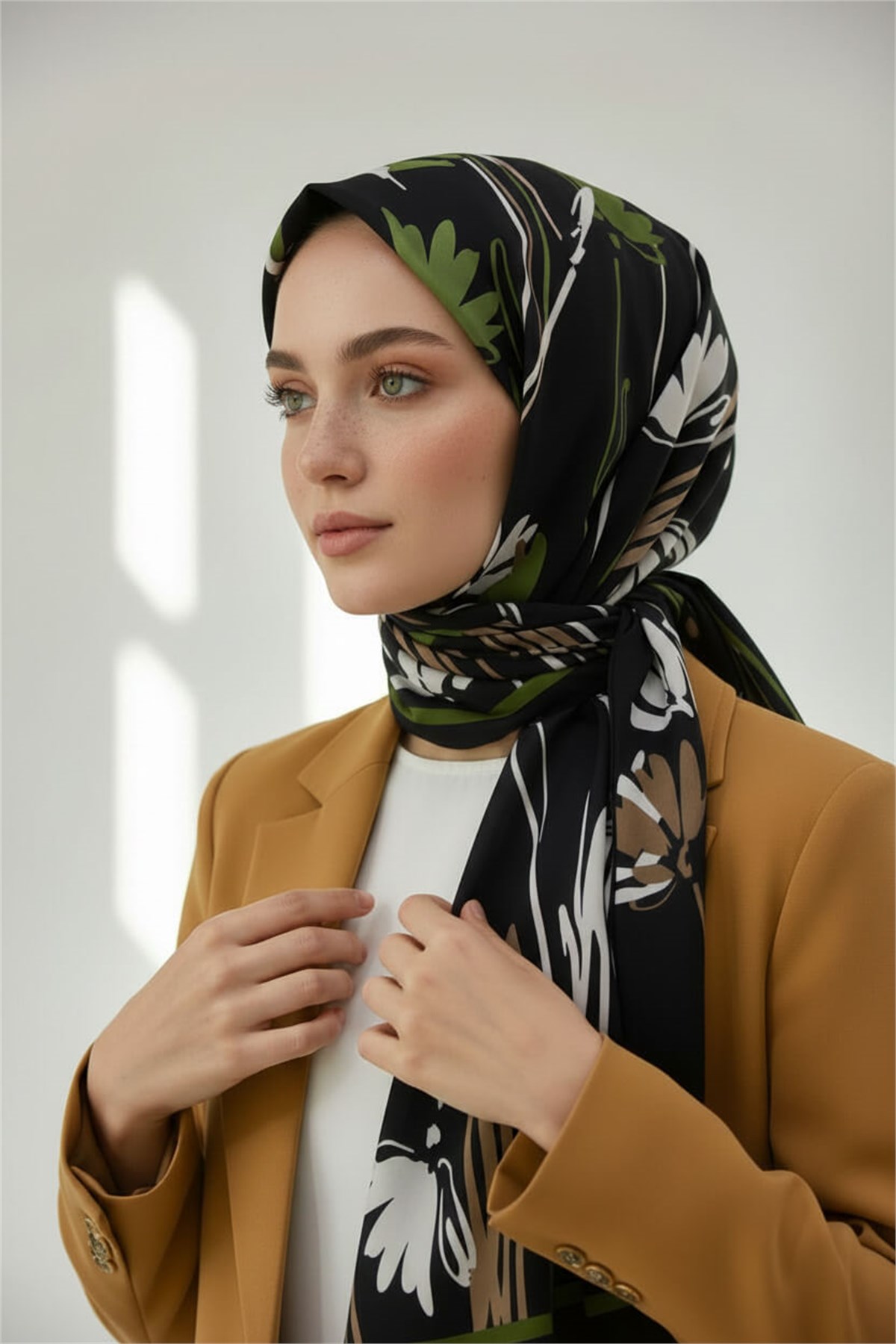KREP ÇİÇEK DESENLİ HAKİ RENKLİ 75X195 KIRIŞMAZ ŞAL