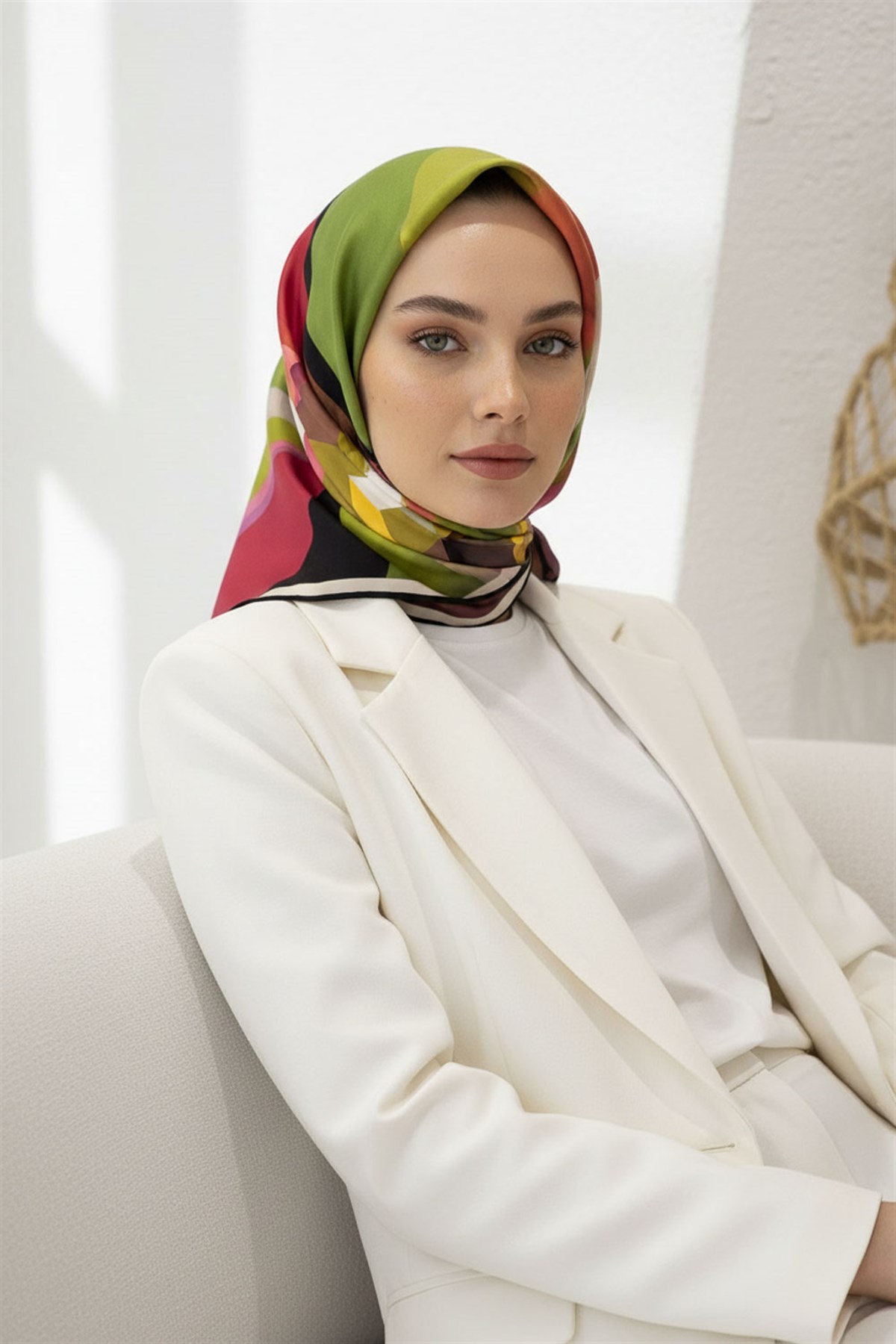 %100 Twill İpek Geometrik Desenli Fıstık Yeşili Renkli 90x90 Eşarp Dikim Şekli : El Dikişi