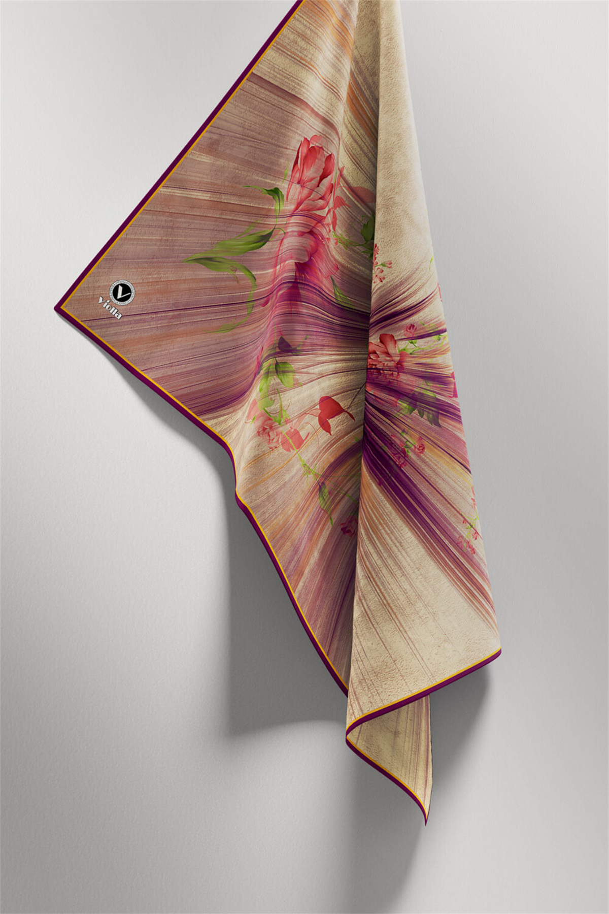 Twill Çiçekli Desenli Mürdüm Renkli 90x90 Eşarp (İpek İçermez) Kenar Dikiş Şekli El Dikişli