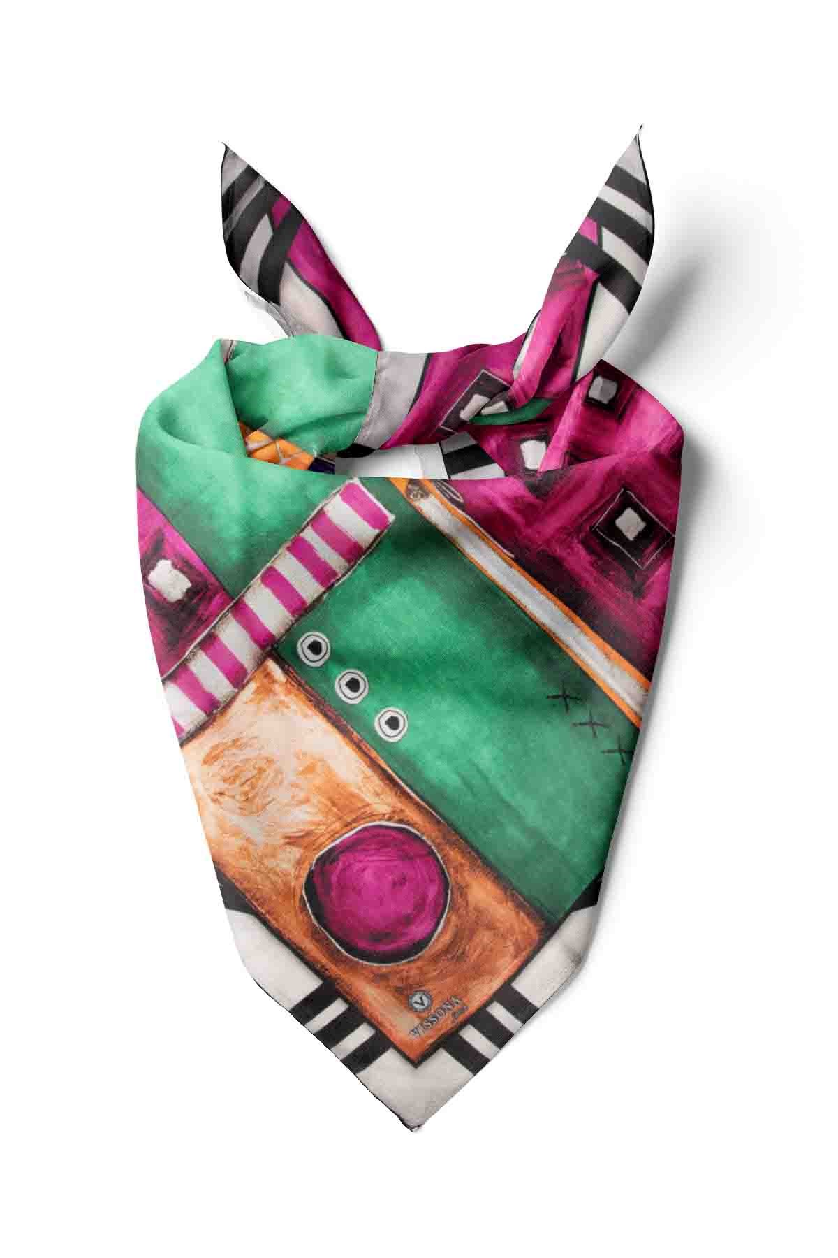 %100 İpek Kadın Desenli Bandana 80x80