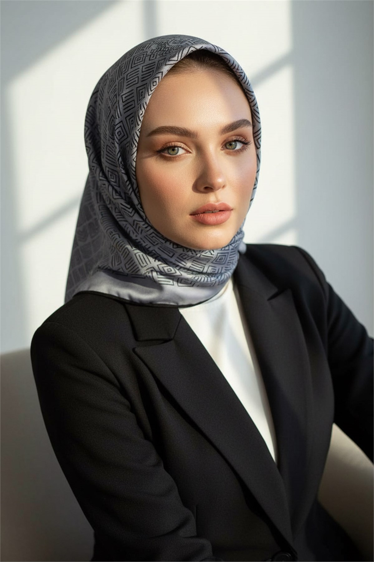 100% Twill İpek Etnik Motif Desenli Gri - Siyah Renkli 90x90 Dikim Şekli : El Dikişi Eşarp