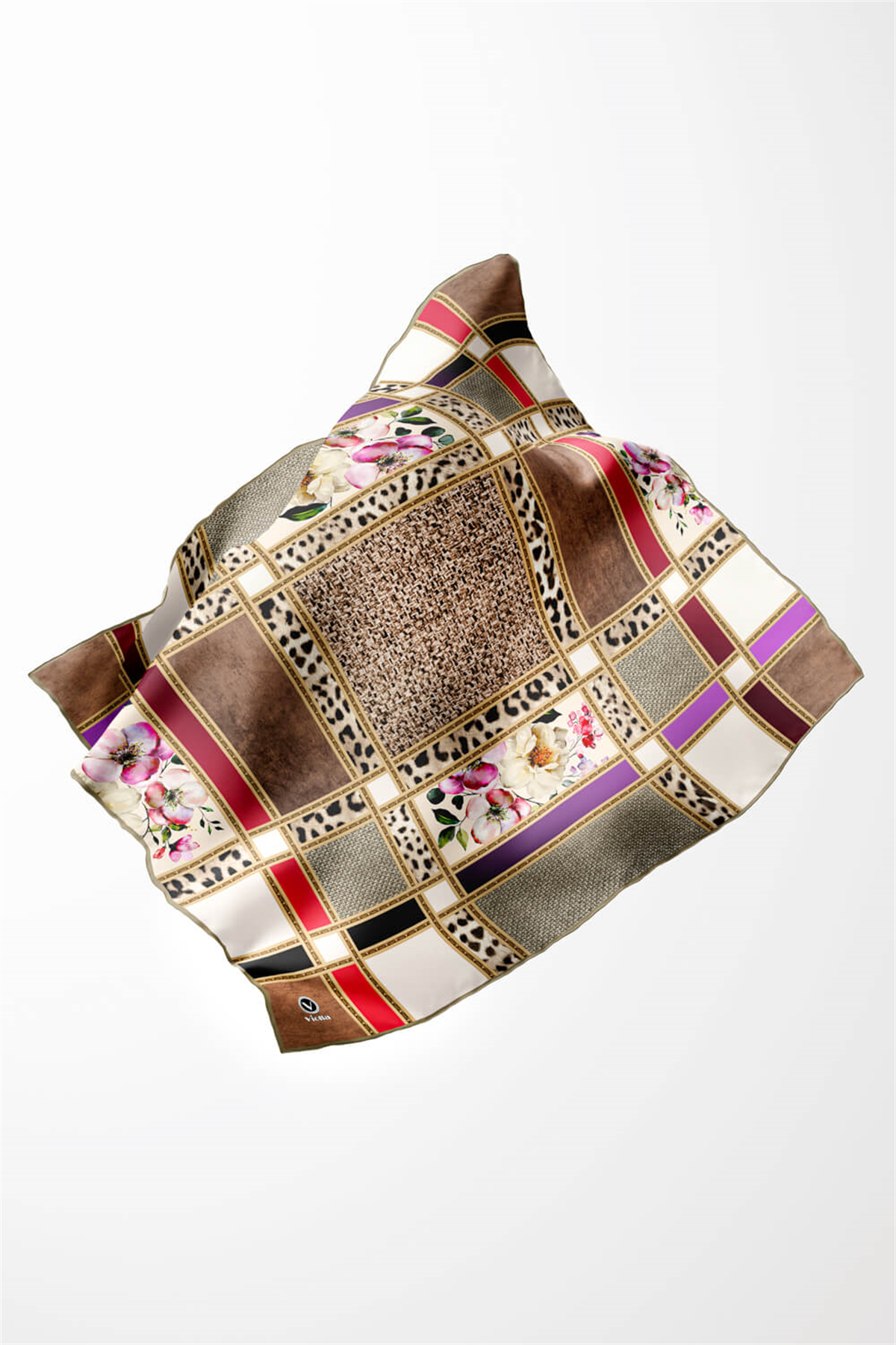 Twill Leopar ve Çiçek Desenli Vizon - Pembe Renkli 90x90 Eşarp (İpek İçermez) Dikim Şekli : El Dikişi