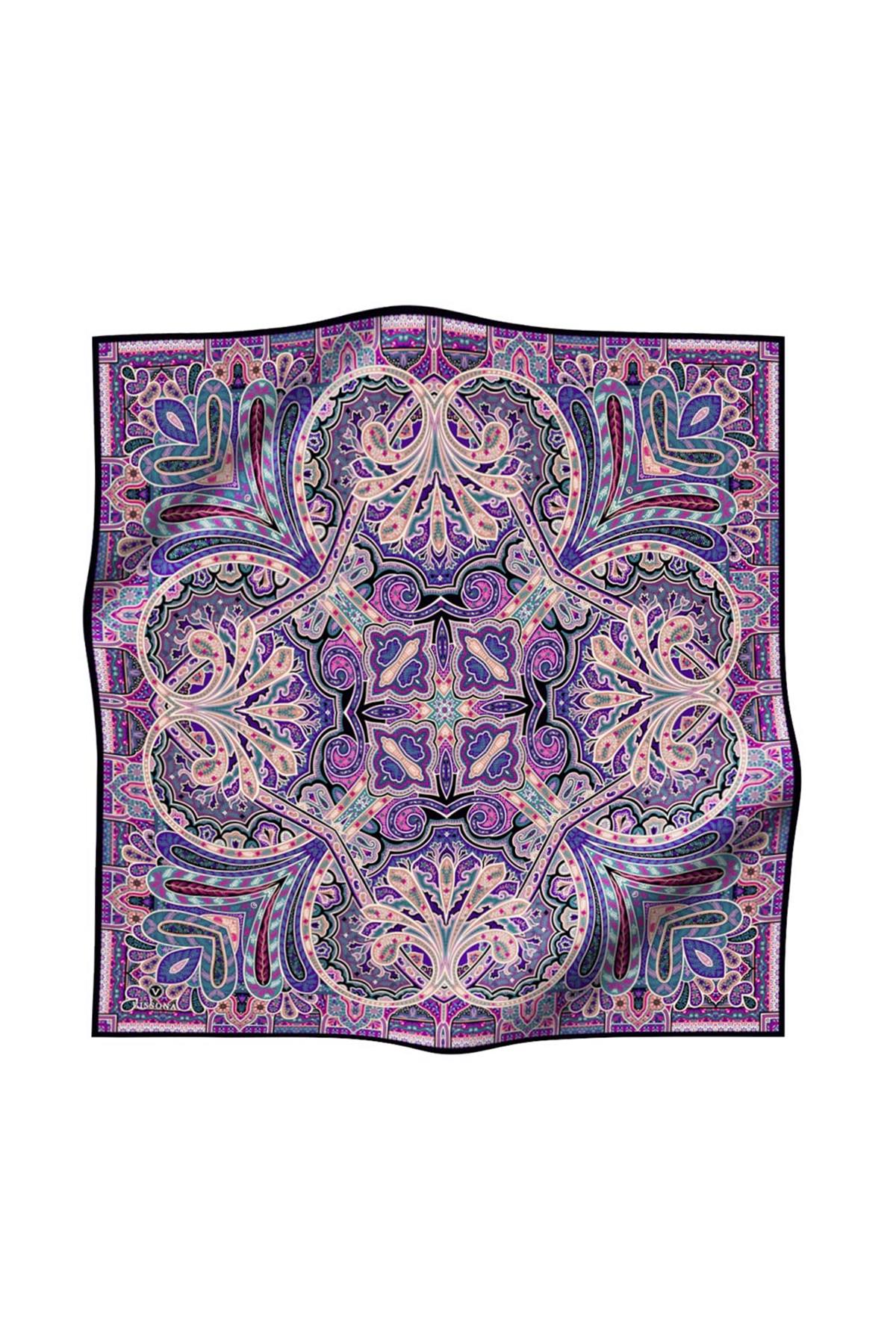 100% Twill İpek Etnik Desenli Mor - Petrol Yeşili Renkli 90x90 Dikim Şekli : El Dikişi Eşarp