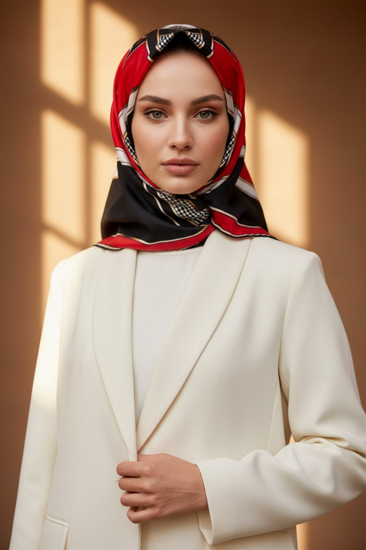 %100 Twill İpek Kareli Kazayaklı Desenli Siyah - Kırmızı Renkli 90x90 Eşarp Kenar Dikiş Şekli El Dikişli