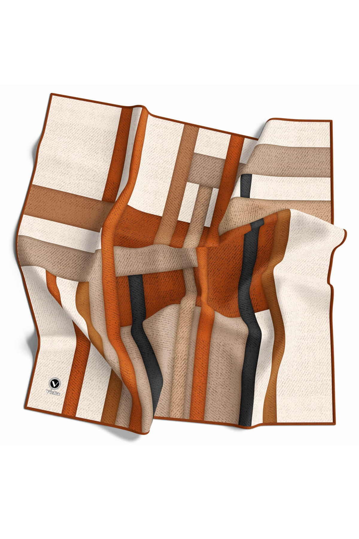 Twill Renkli Şerit Desenli Taba Renkli 90x90 Eşarp (İpek İçermez) Kenar Dikiş Şekli El Dikişli