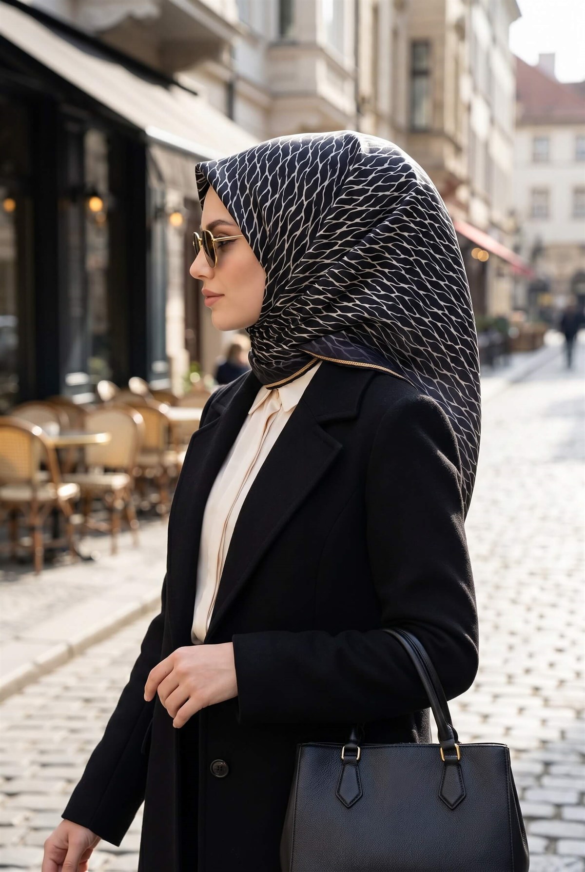 %100 Twill İpek File Desenli Siyah - Krem Renkli 90x90 Eşarp Dikim Şekli : El Dikişi