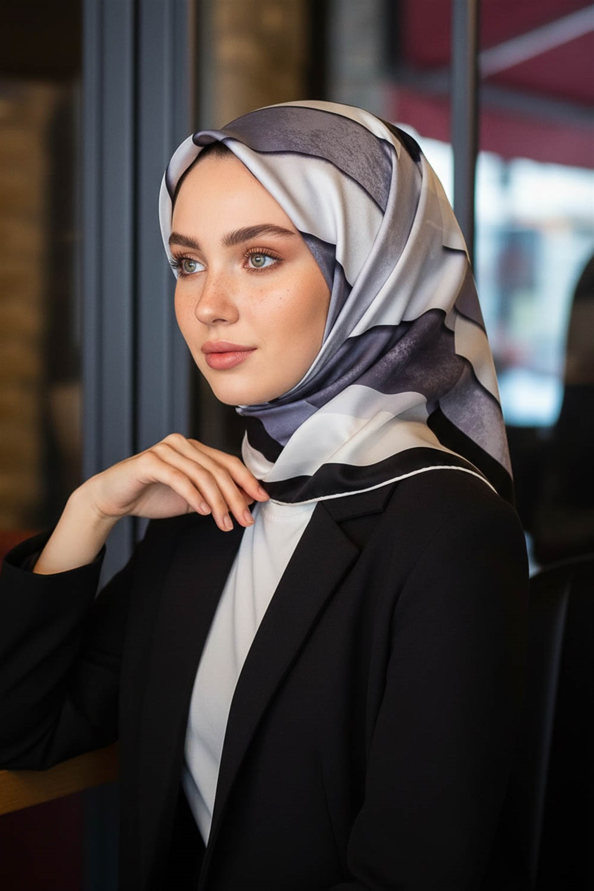 % 57 İPEK % 43 VİSKON Twill Geometrik Bulut  Desenli Siyahlı Grili  Renkli 90x90 Eşarp Dikim Şekli: El Dikişi