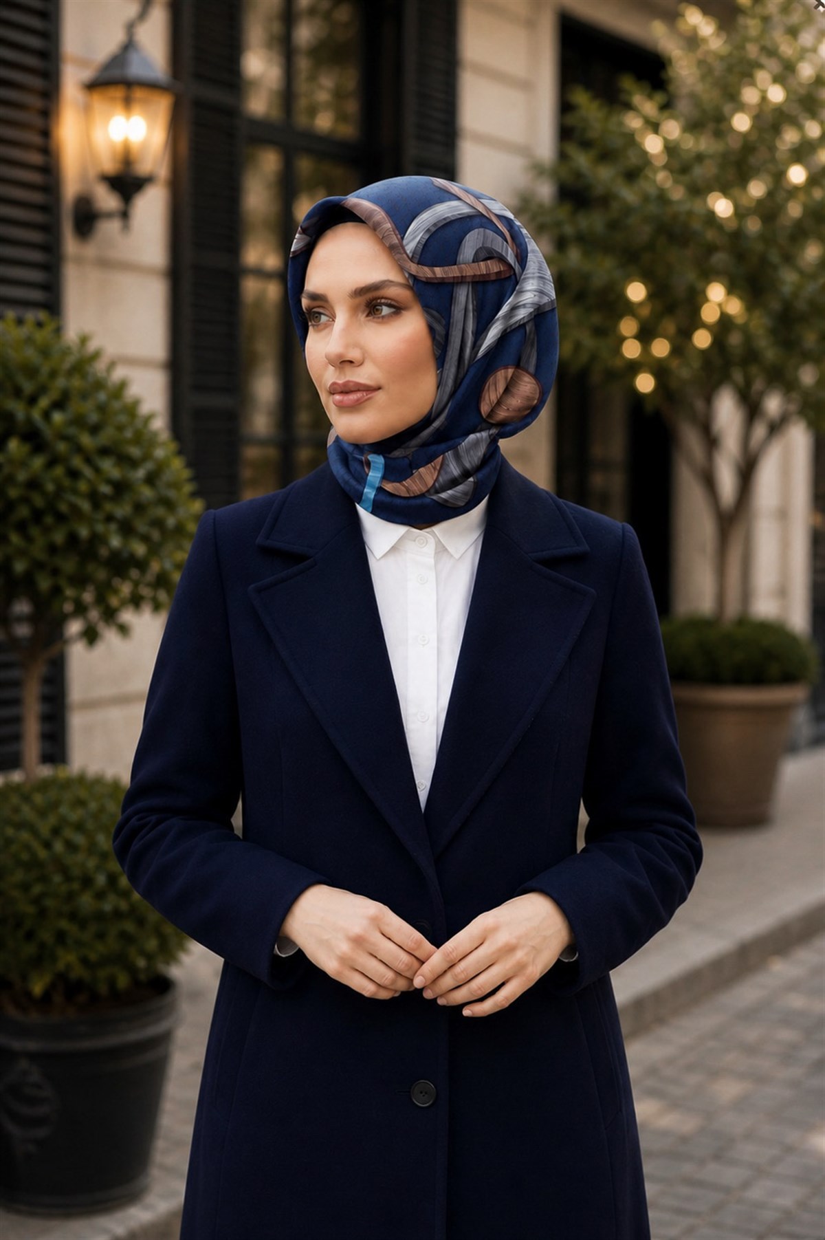 100% Twill Geometrik Halka Desenli İndigo - Gri Renkli 90x90 Dikim Şekli : El Dikişi Eşarp