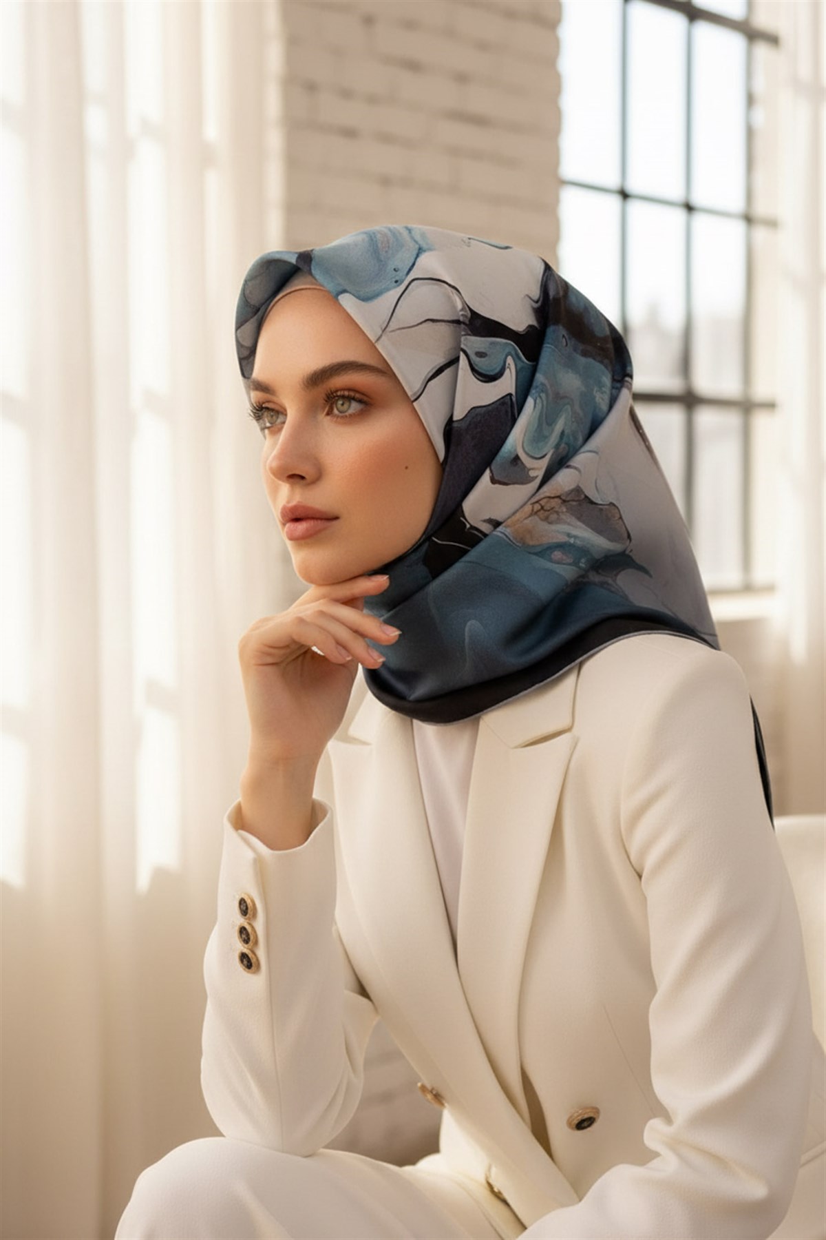 %100 Twill İpek Batik Çiçek Desenli Turkuaz - Gri Renkli 90x90 Eşarp Dikim Şekli : El Dikişi