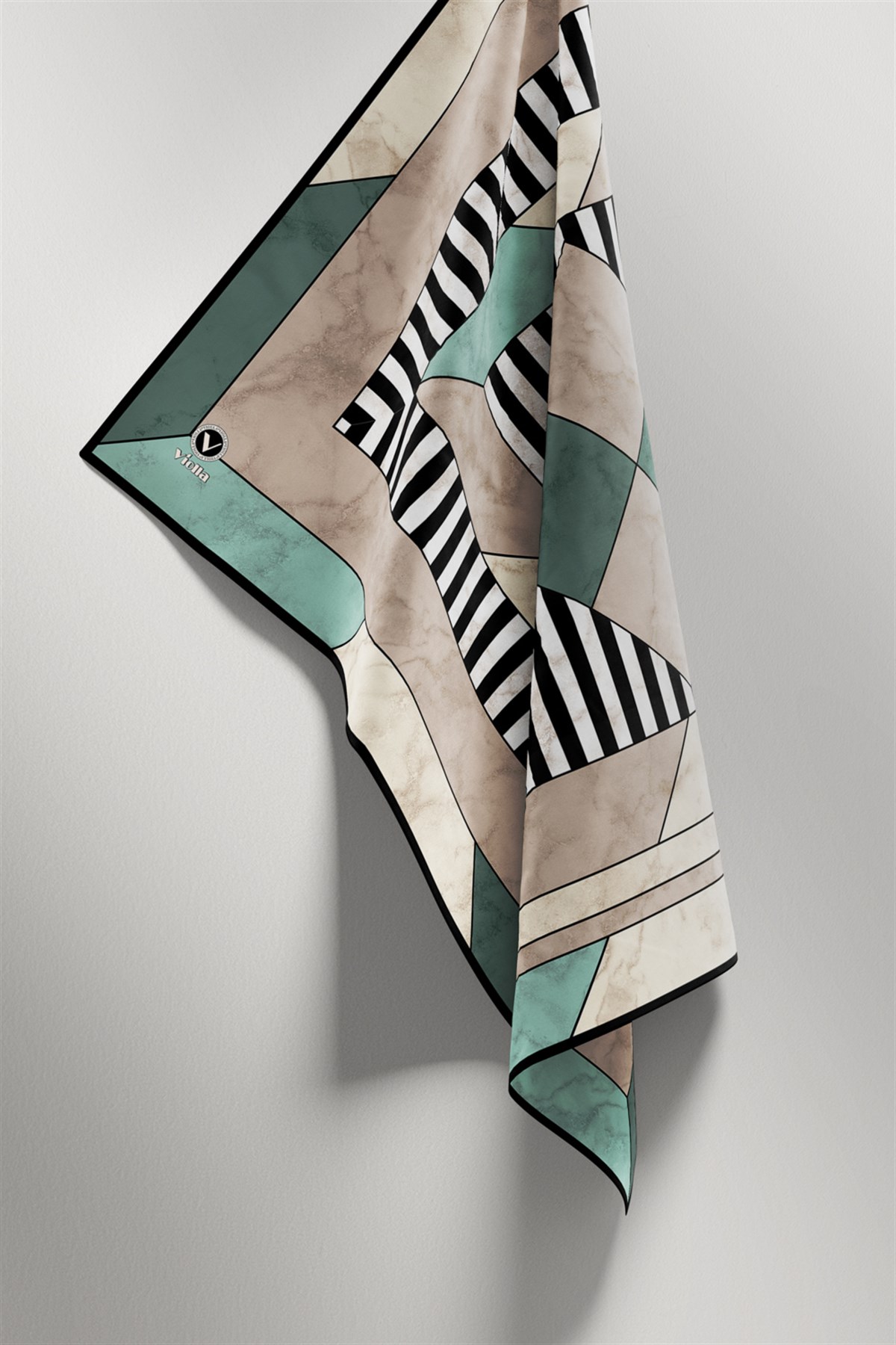 Twill Çizgili Geometrik Mermer Desenli Mint Yeşili Renkli 90x90 Eşarp (İpek İçermez) Kenar Dikiş Şekli El Dikişli