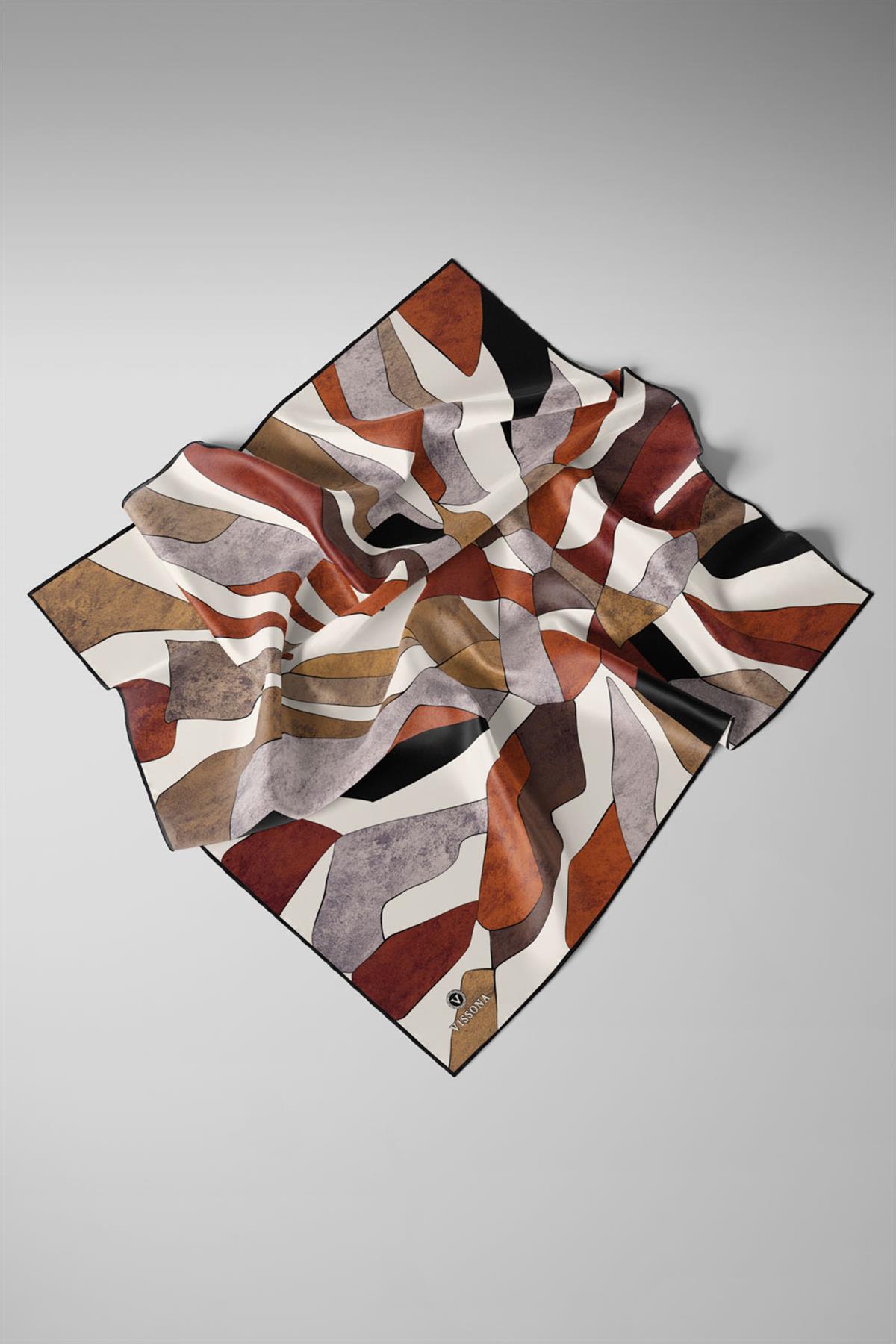 %100 Twill İpek Geometrik Desenli Bej - Taba Renkli 90x90 Eşarp Dikim Şekli : El Dikişi