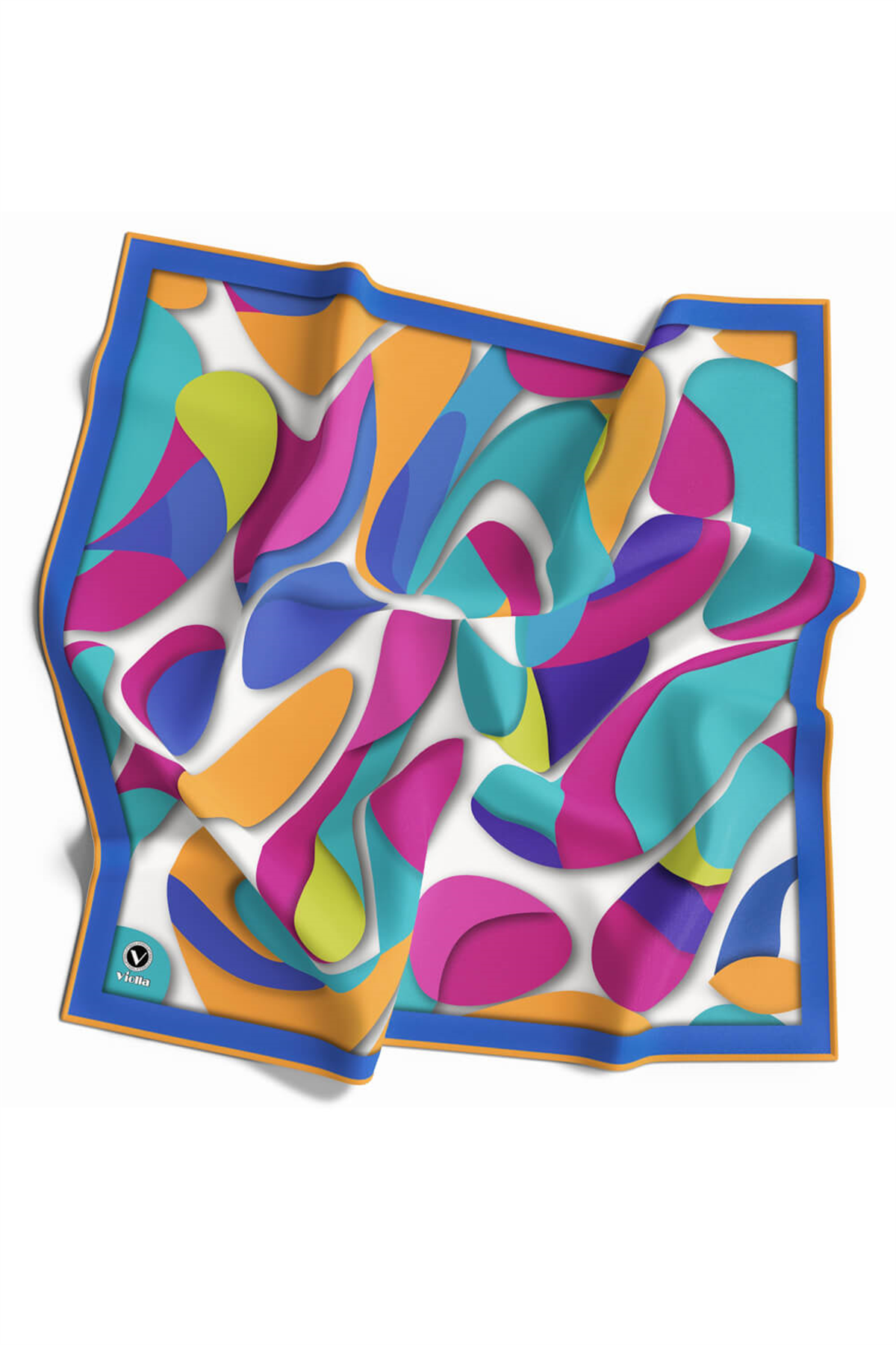 Twill Soyut Geometrik Desenli Buz Mavisi - Sarı Renkli 90x90 Eşarp (İpek İçermez) Dikim Şekli : El Dikişi