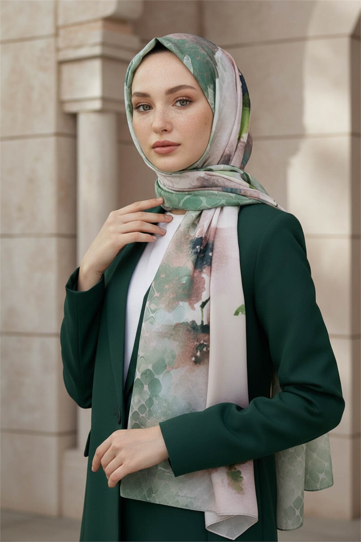 KREP SULU BOYA ÇİÇEK DESENLİ PETROL YEŞİLİ RENKLİ 75X195 KIRIŞMAZ ŞAL
