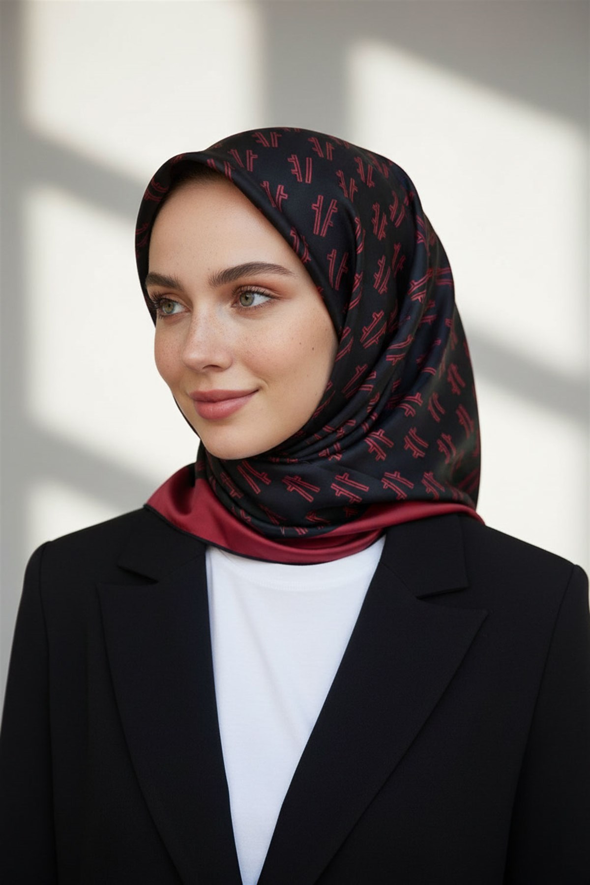 %100 Twill İpek Geometrik Desenli Bordo - Siyah Renkli 90x90 Eşarp Dikim Şekli : El Dikişi
