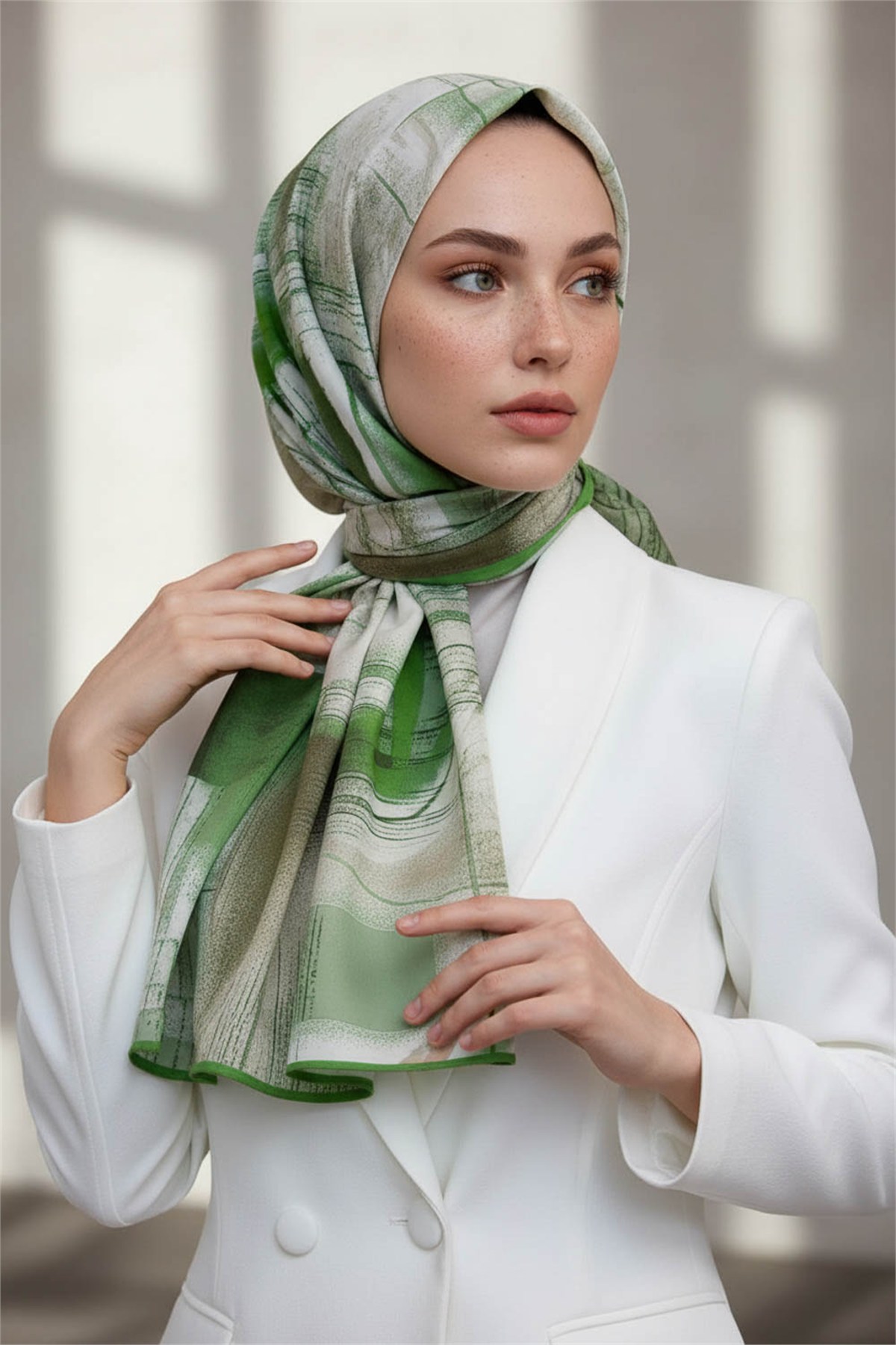 KREP GEOMETRİK DESENLİ ZÜMRÜT YEŞİLİ RENKLİ 75X195 KIRIŞMAZ ŞAL